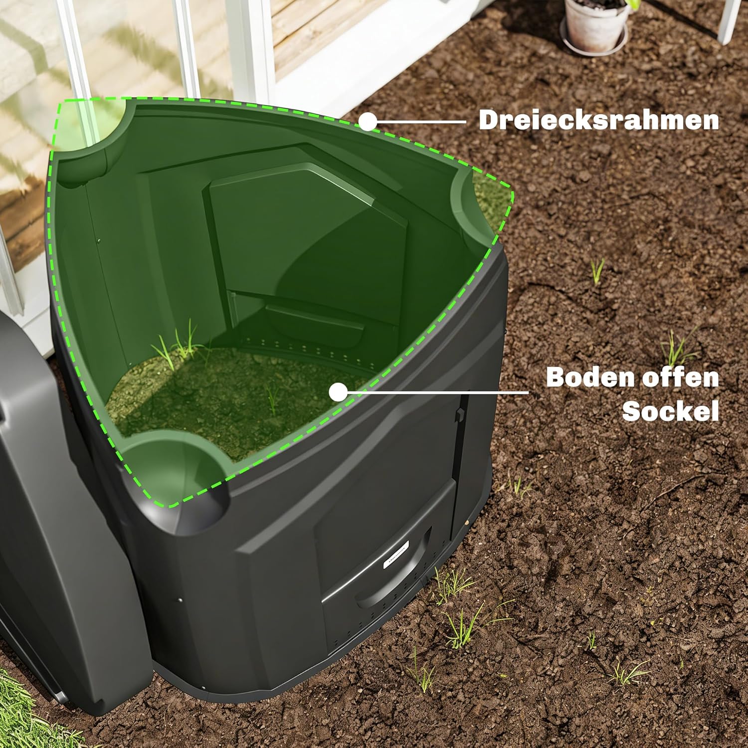 Outsunny Gartenkomposter, 240L, 78 x 75 x 78 cm Dreieckiger Kompostbehälter mit 3 Türen, 66 Lüftungs - Image 4