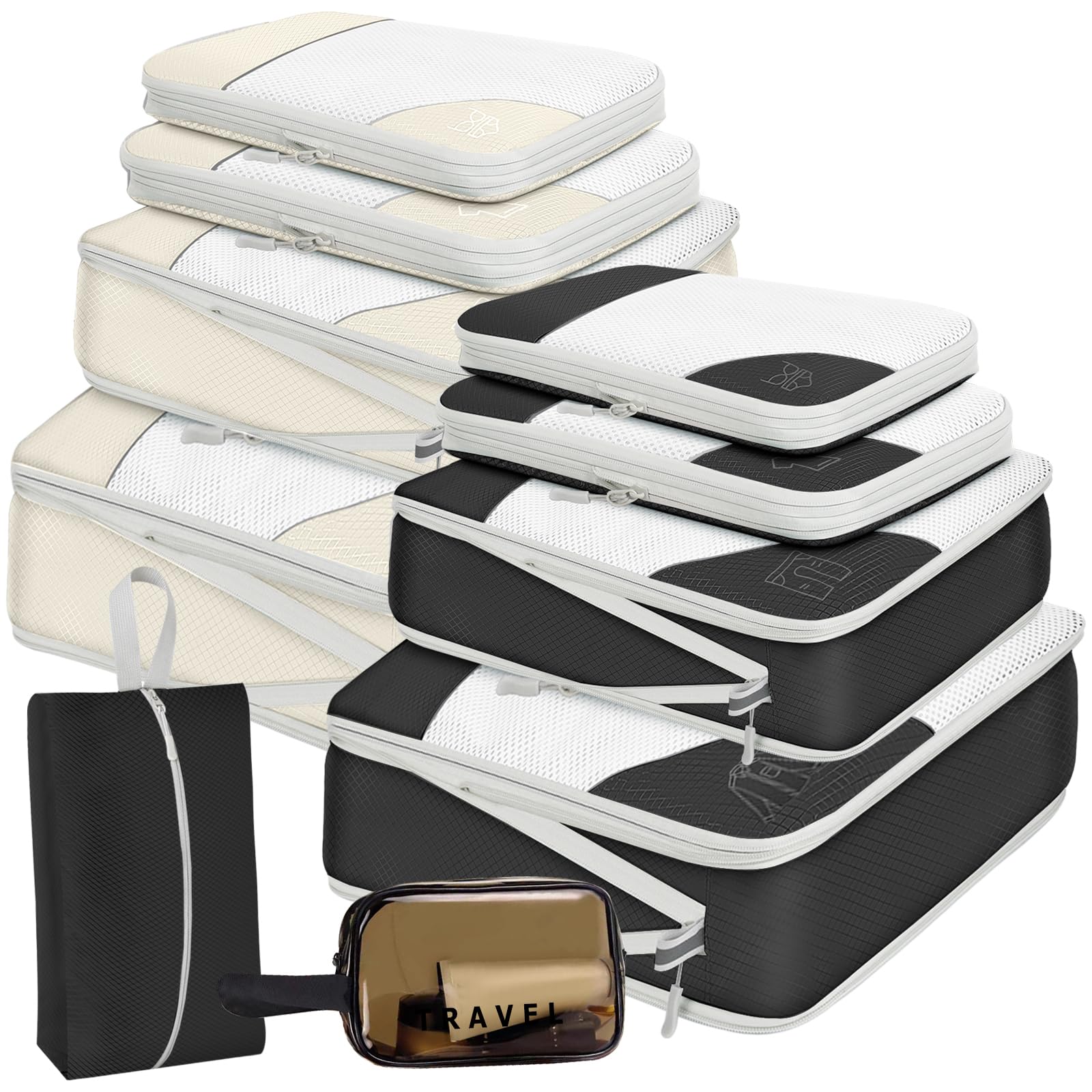 Packwürfel Set 10 Teilig Compression Packing Cubes,Platzsparendes Koffer Organizer für Travel Essent