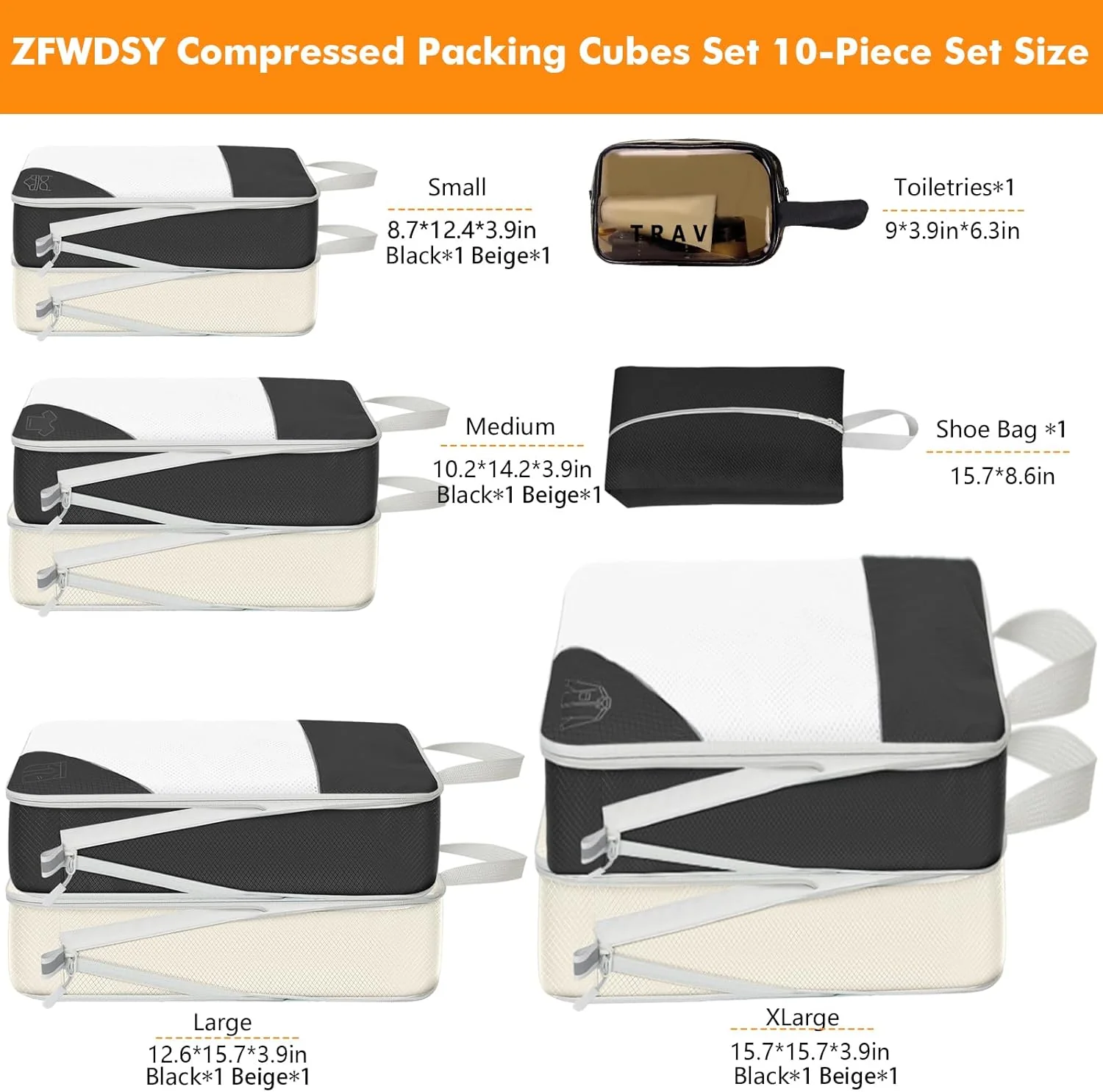 Packwürfel Set 10 Teilig Compression Packing Cubes,Platzsparendes Koffer Organizer für Travel Essent - Image 2