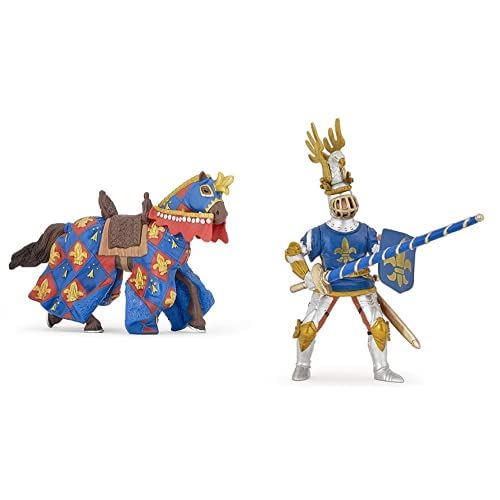 Papo-Lot de 2 Figurines - Collection Médieval - Fantastique - Cheval bleu Fleur de LYS + Chevalier b