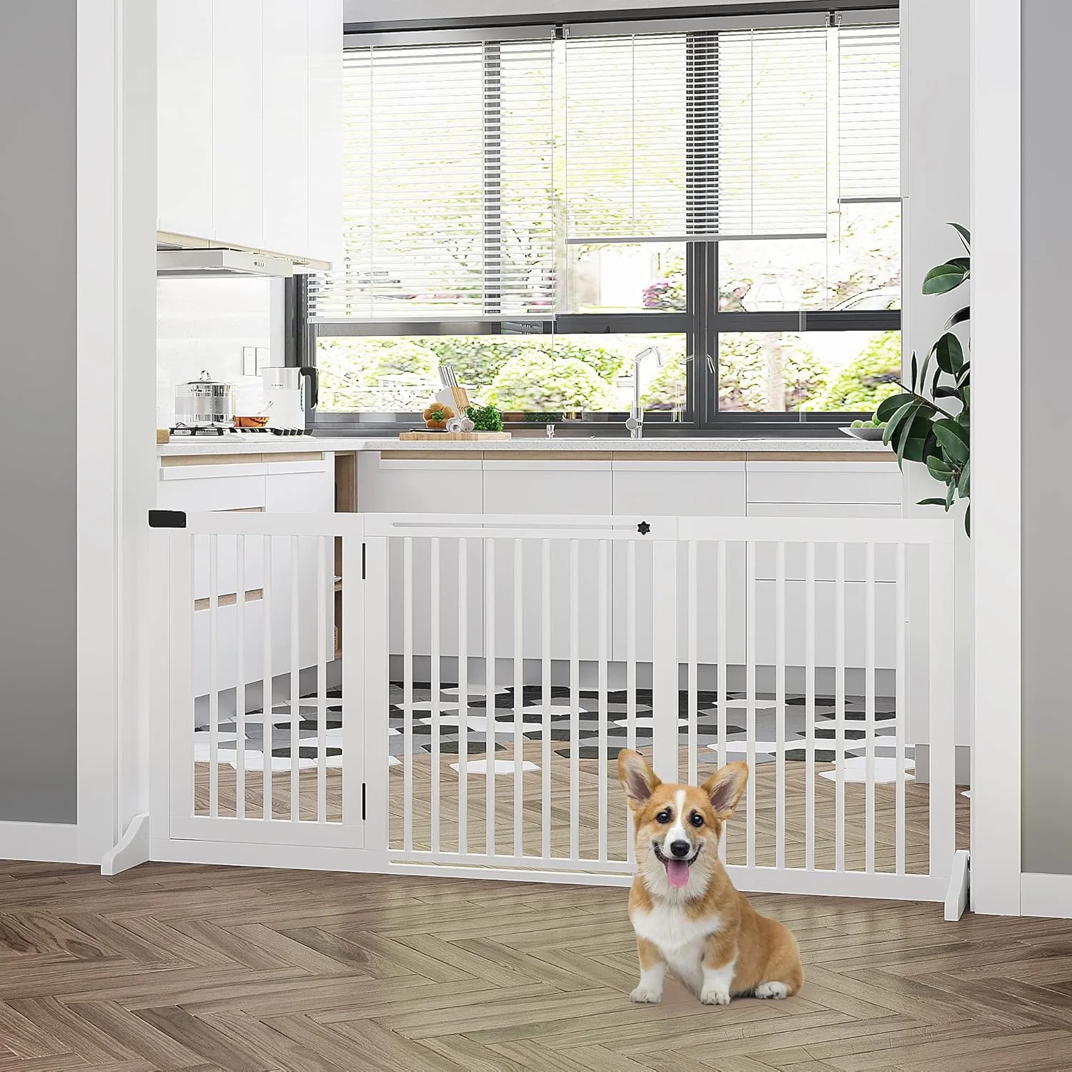 PawHut Absperrgitter Hund Freistehendes Verstellbares Schutzgitter mit Füssen 113-166 x 71 cm Holz H - Image 2