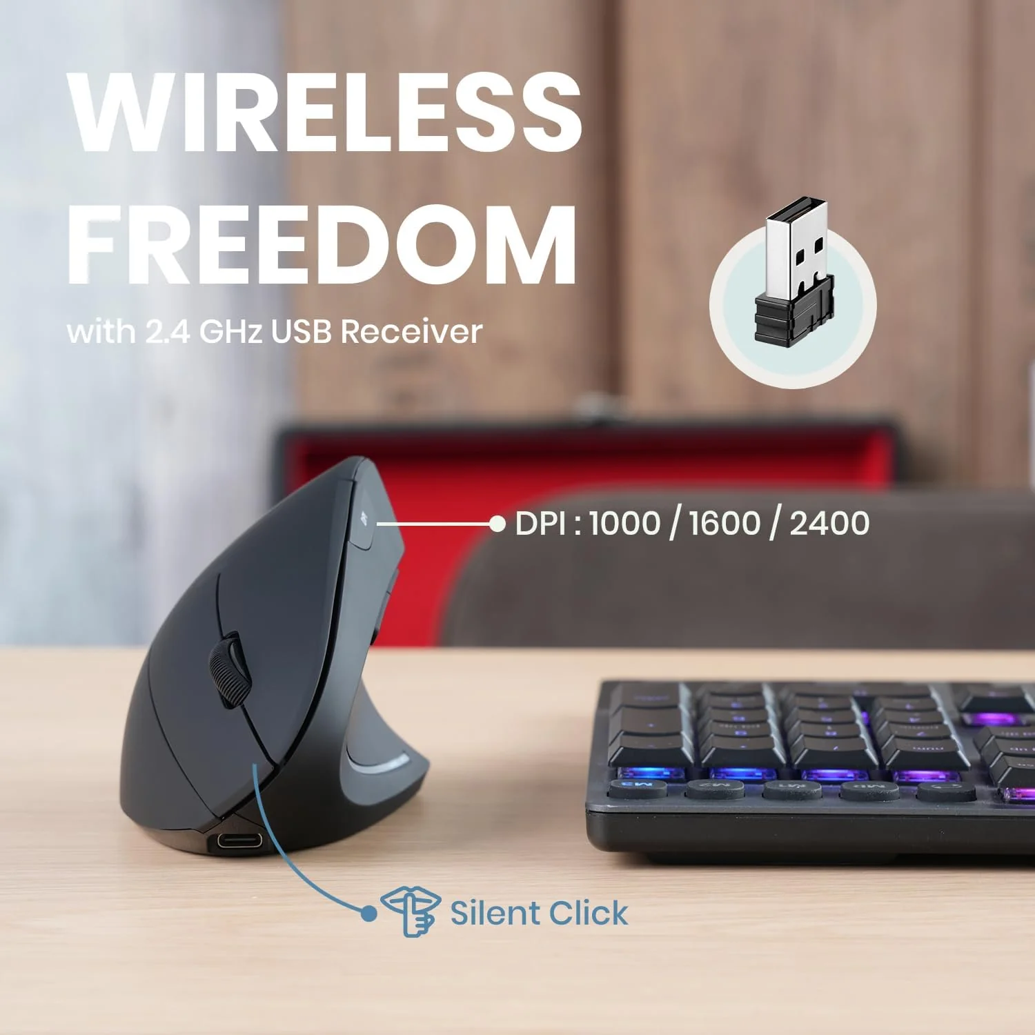 Perixx PERIMICE-713R Wireless Rechargeable Vertical Mouse - Duo Wired and Wireless Charging Feature - Image 6