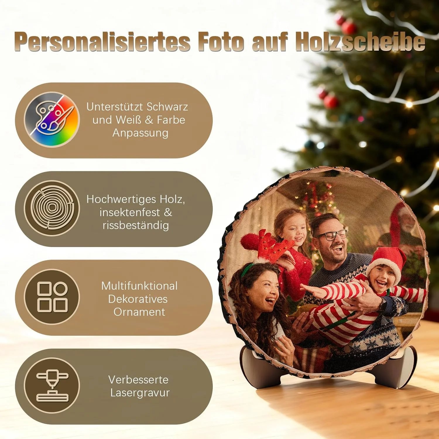 Personalisierte Baumscheibe mit Gravur Foto Individuelle Holzscheibe mit Text Bild inkl Ständer Pers - Image 3