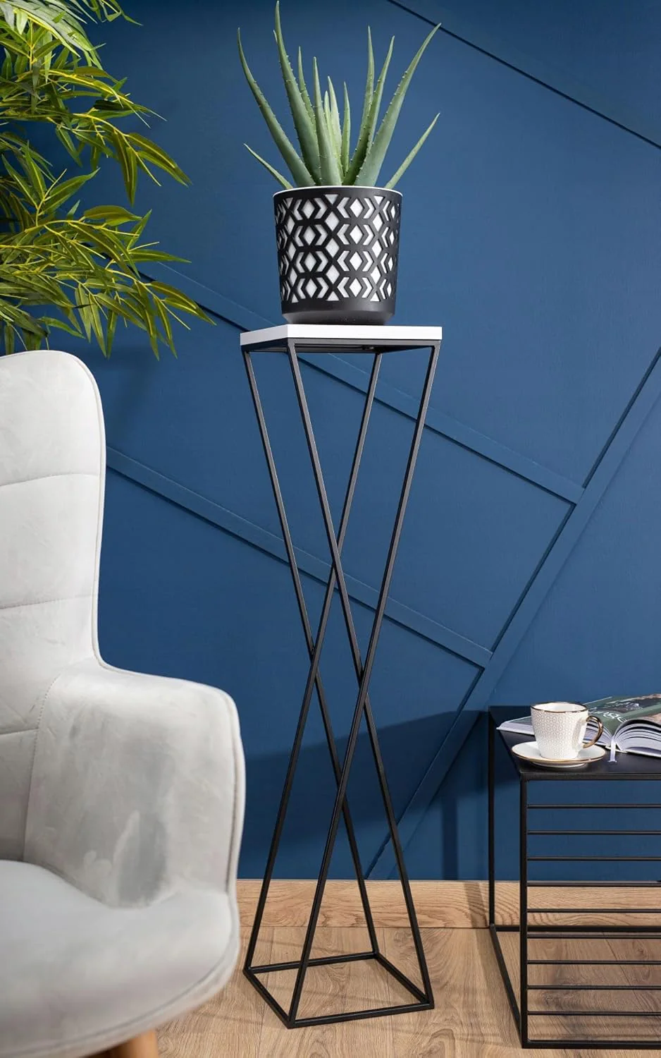 Pflanzenständer Metall 100 cm Hoch - Stabiler und Fester Blumenhocker mit Weiss MDF-Platte auf Schwa - Image 8