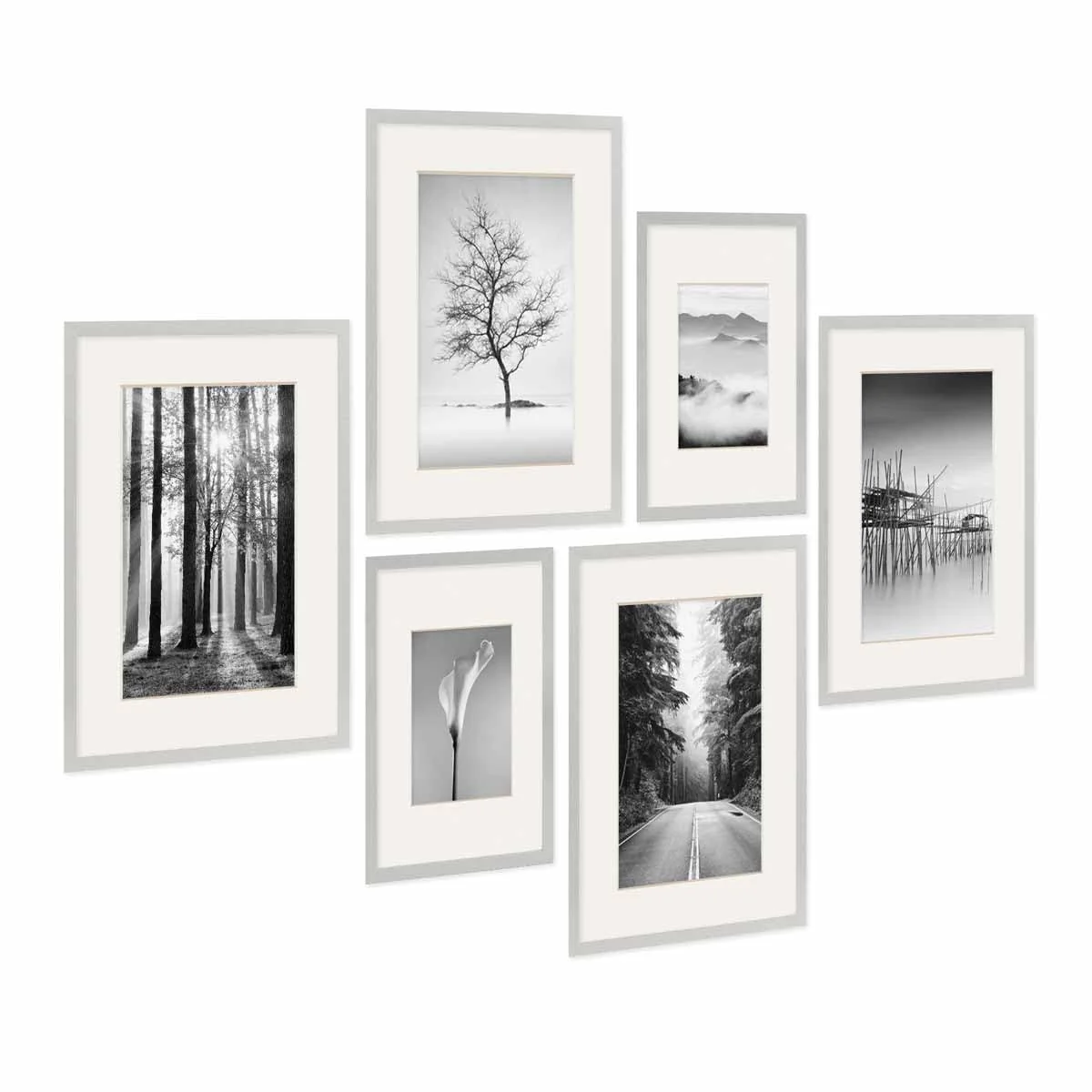 PHOTOLINI Bilderrahmen-Set Silber MDF-Holz, 6er No.4 Rahmenset Posterrahmen mit Passepartout, bruchs