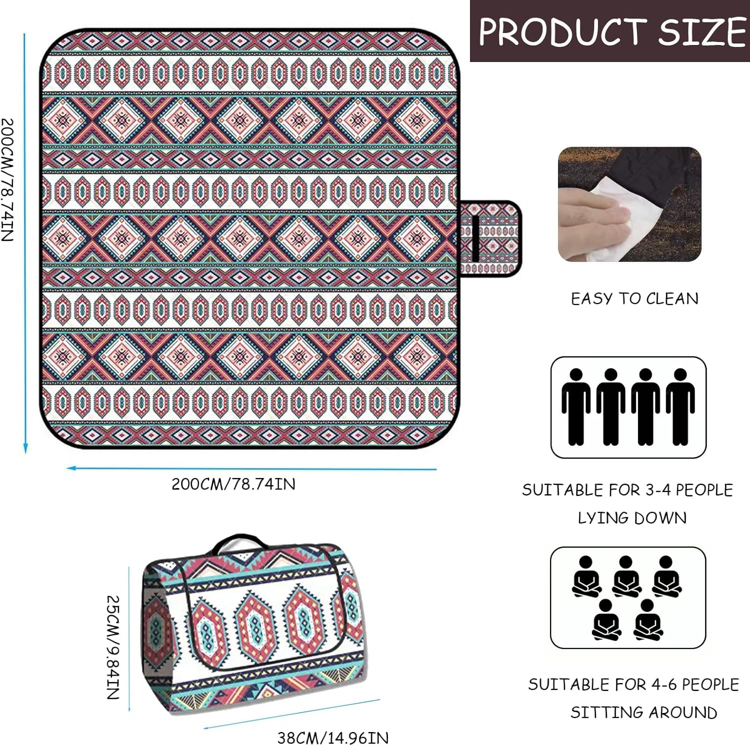 Picknickdecke Wasserdicht 200 x 200 cm,Boho Sandfeste Stranddecke isoliert für 4-6 Personeni mit Tra - Image 2
