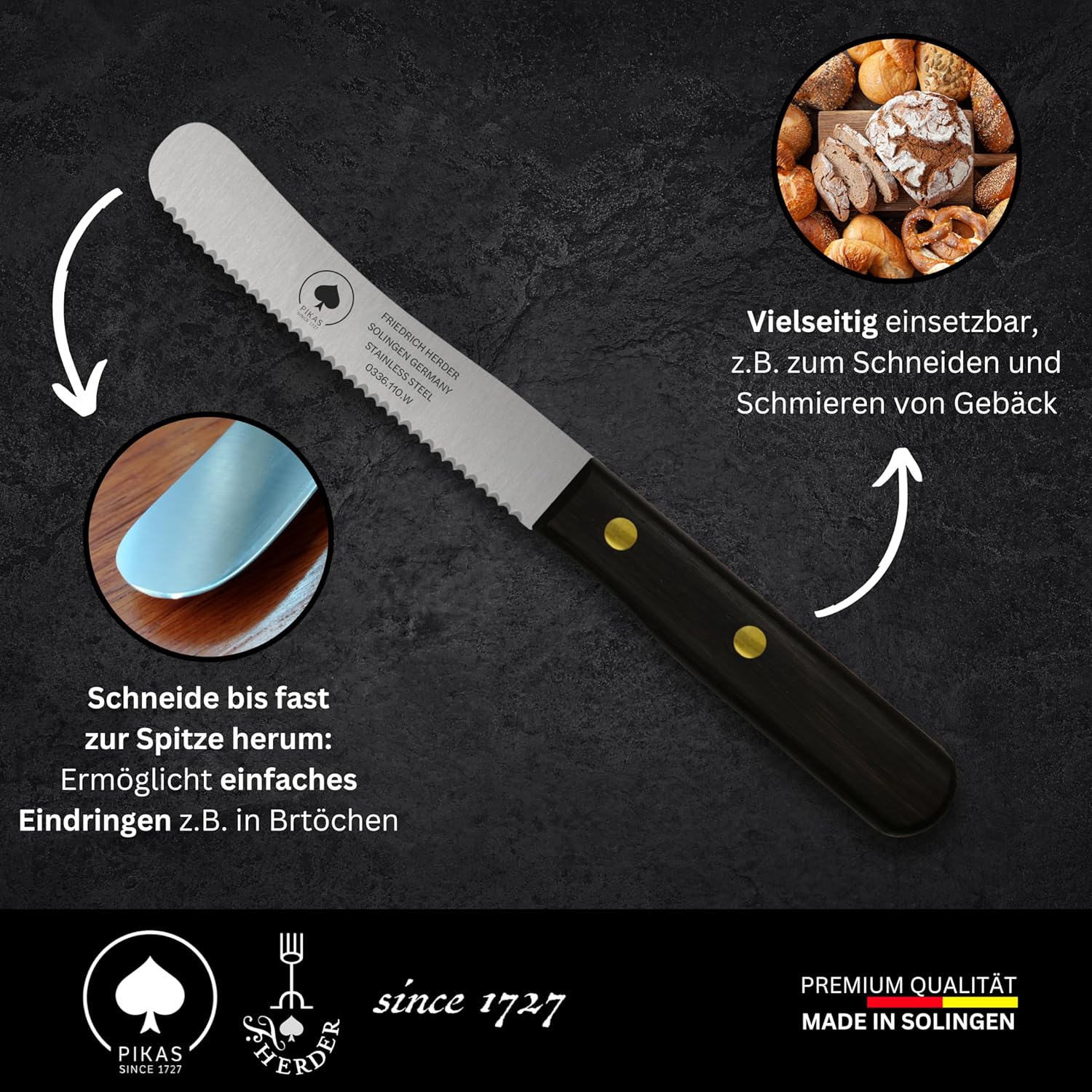 PIKAS - Solingen Messer mit Wellenschliff, Thermonuss Holzgriff, Premium Buckelmesser, Küchenmesser, - Image 3