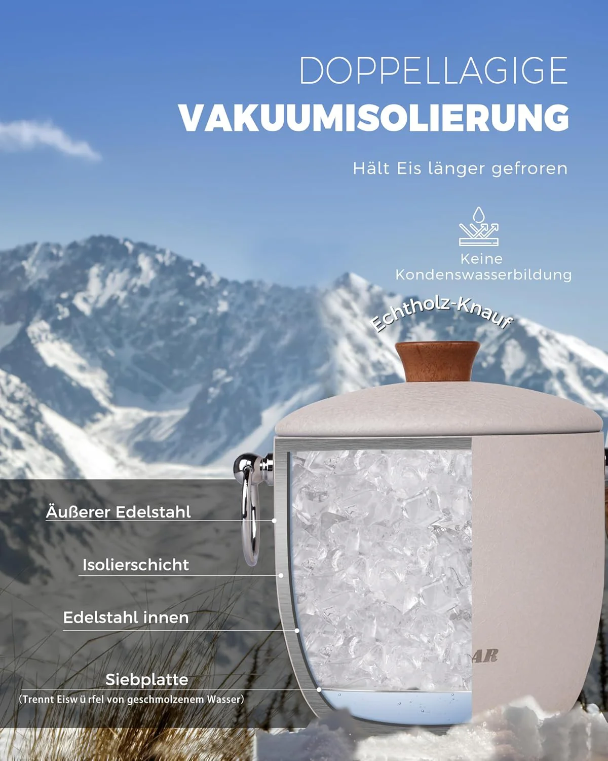 Poliviar Edelstahl Eiswürfelbehälter, 2,5 L Doppelwandiger Eisbehälter, Eiswürfelbehälter mit Deckel - Image 4