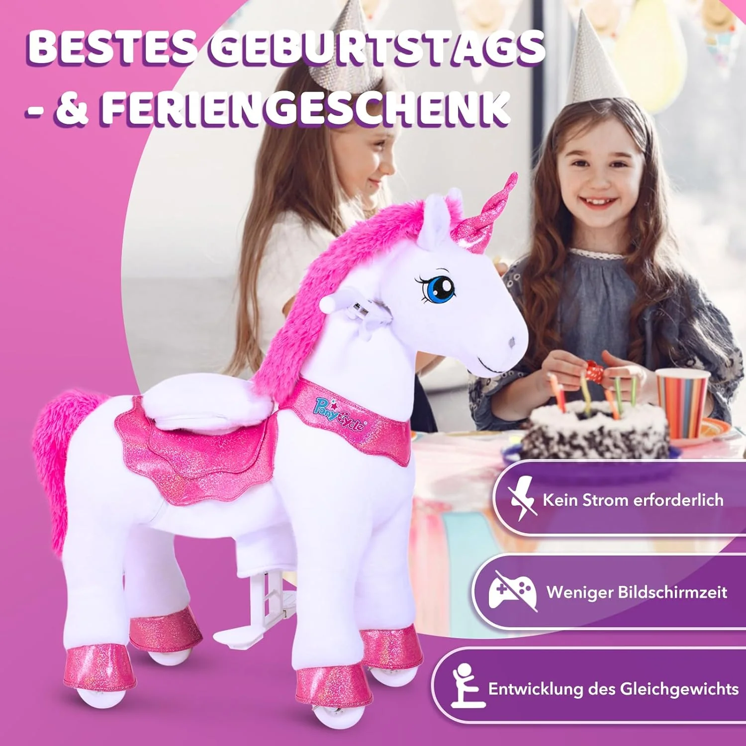 PonyCycle Einhorn auf Rollen, für Kinder 3–4 Jahre, 76cm Hoch, Einhorn zum reiten mit Handbremse, Ei - Image 2