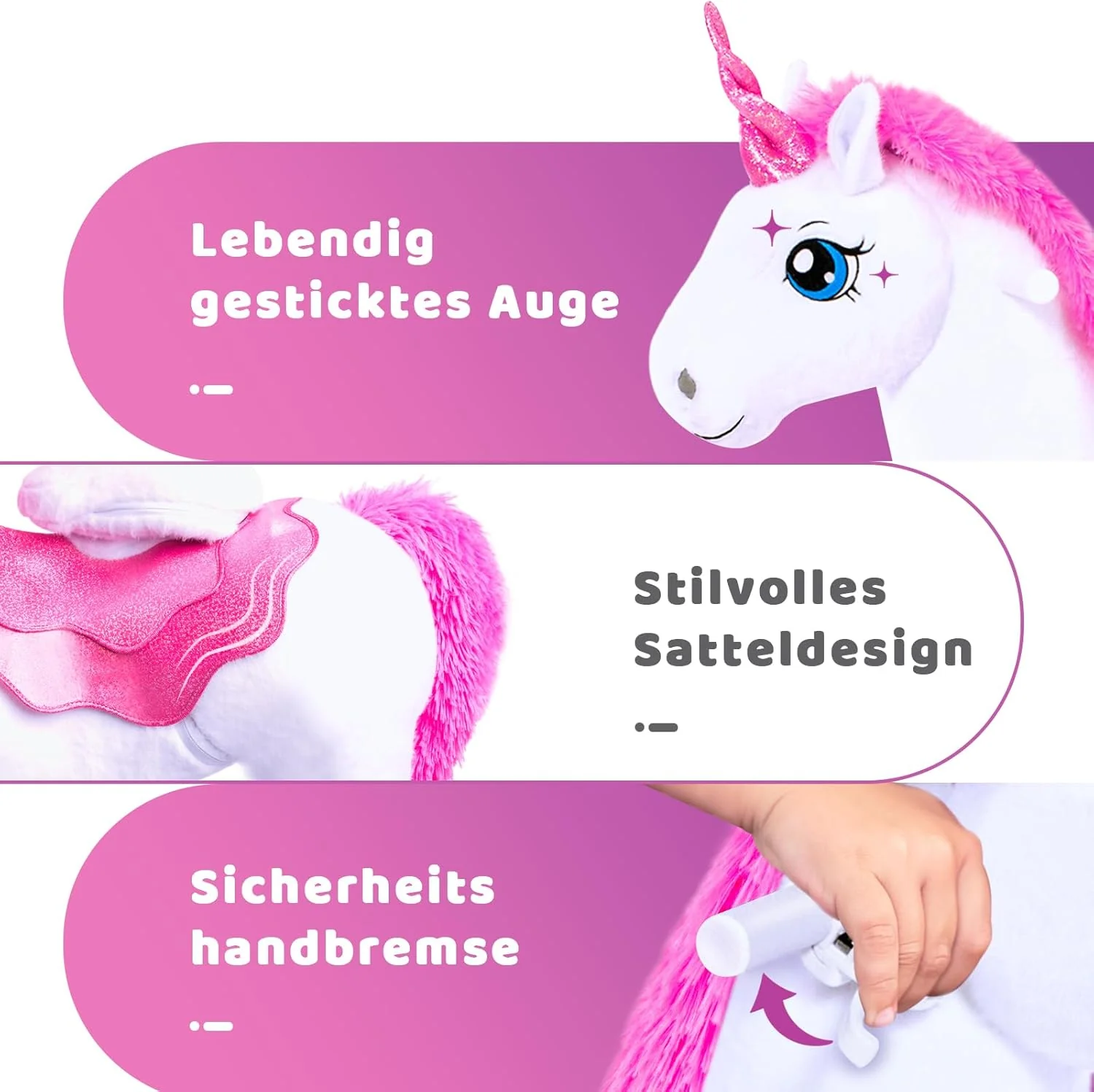 PonyCycle Einhorn auf Rollen, für Kinder 3–4 Jahre, 76cm Hoch, Einhorn zum reiten mit Handbremse, Ei - Image 3