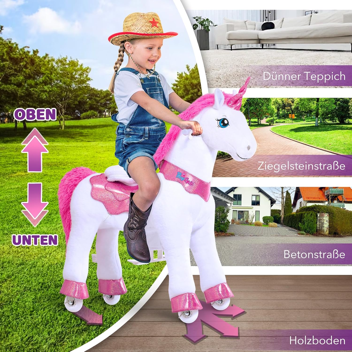 PonyCycle Einhorn auf Rollen, für Kinder 3–4 Jahre, 76cm Hoch, Einhorn zum reiten mit Handbremse, Ei - Image 4