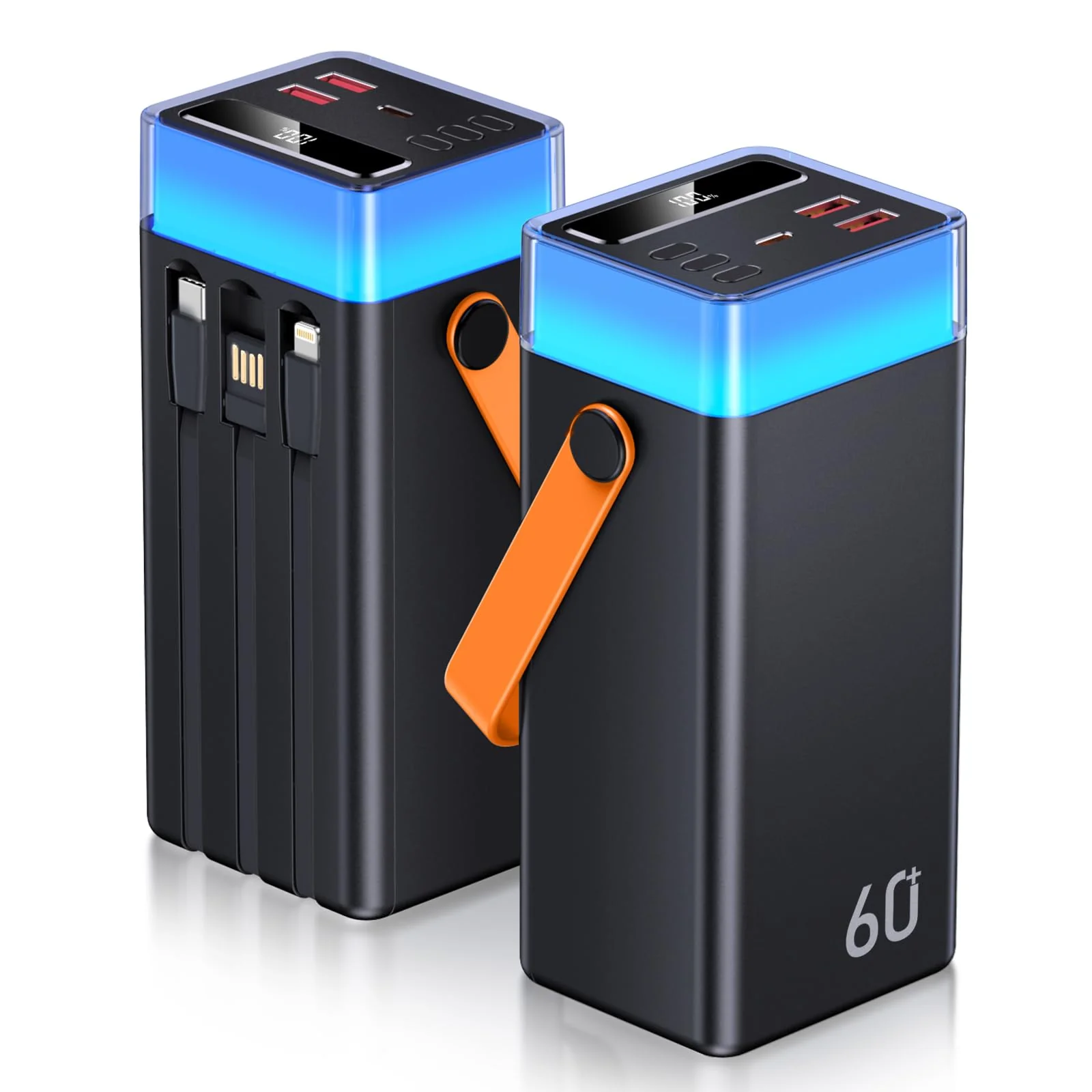 Powerbank 60000mAh, 22,5W PD USB-C Schnellladegerät, Externer Akku mit Kabel, Power Bank 5 Ausgängen