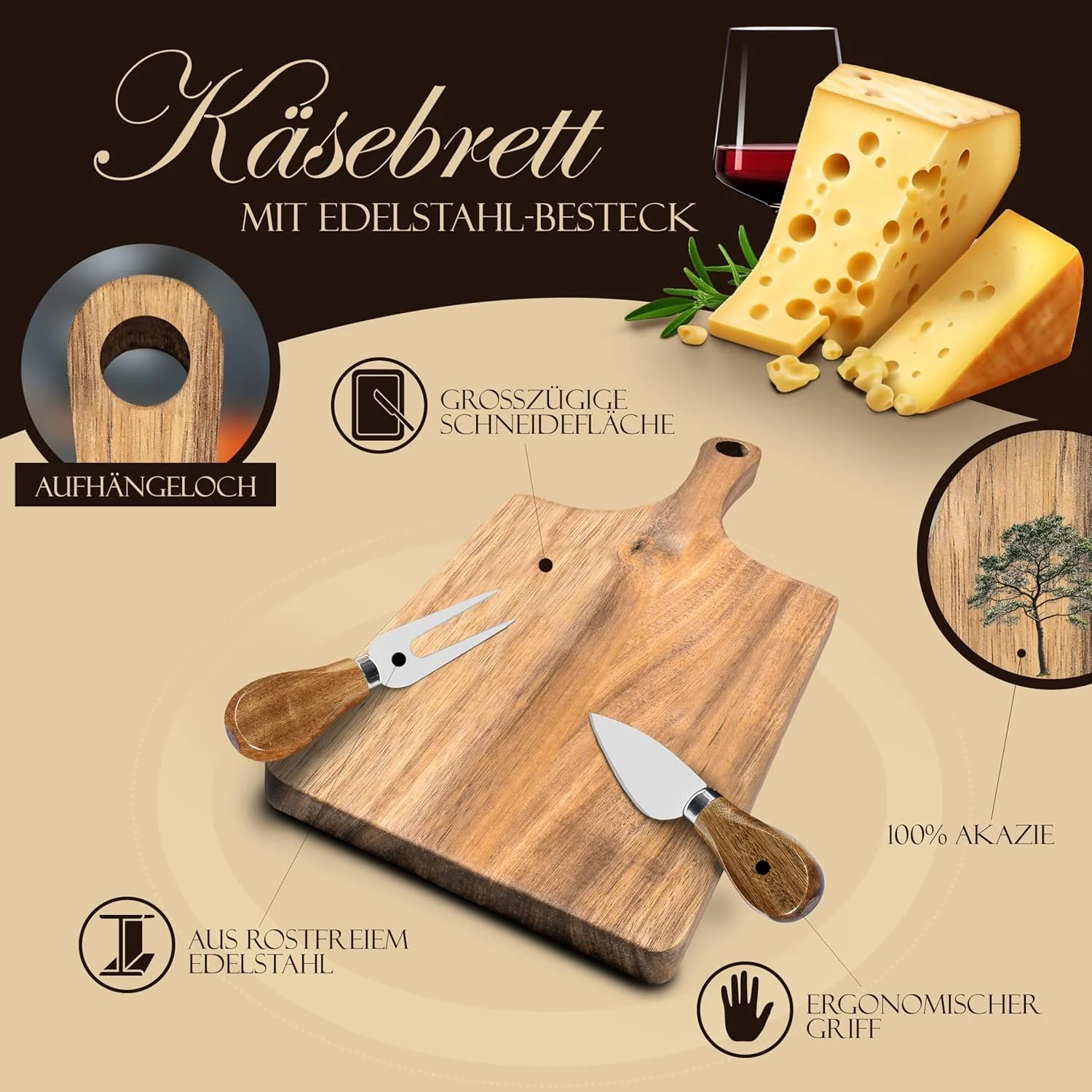 Premium Käsebrett, Schneidebrett aus Holz, 28 x 14 x 1,6 cm, Käsebrett mit Messer Käseschaber Käsepl - Image 3