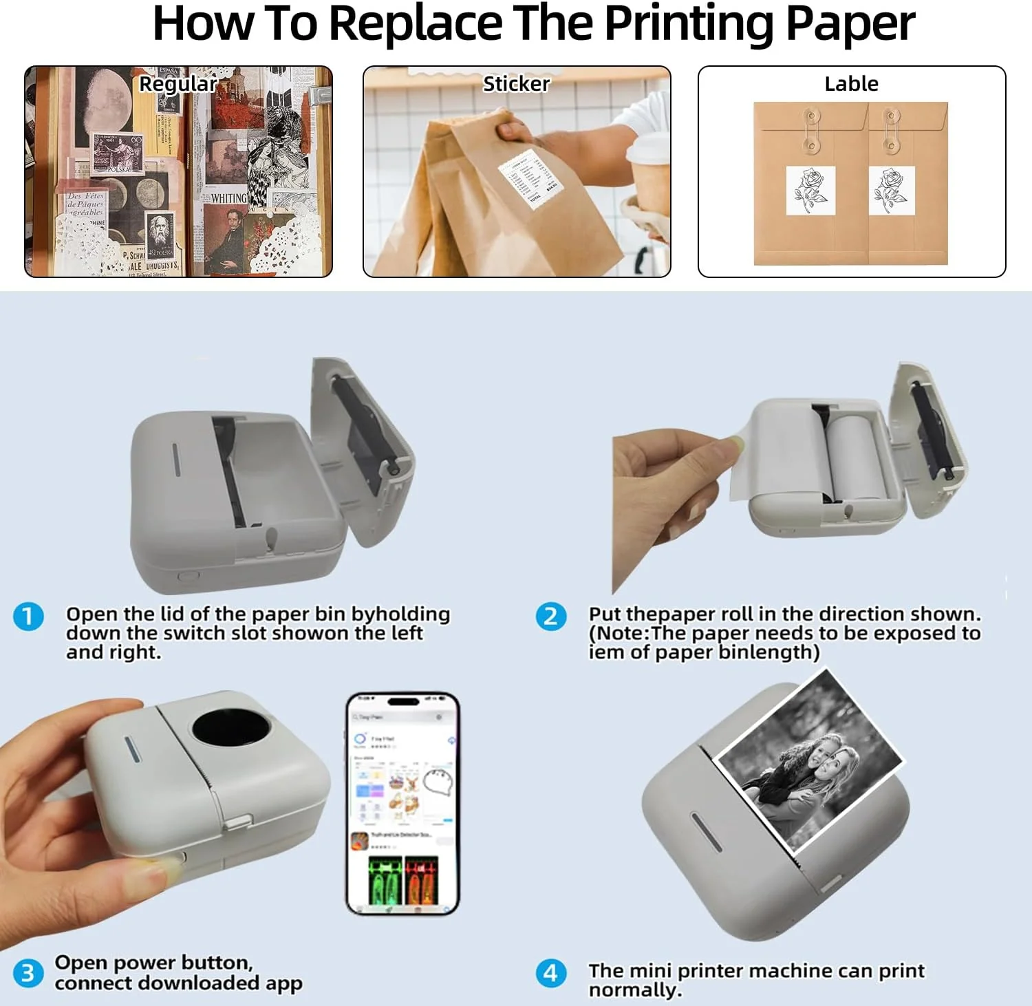 PRINHSJI Mini-Drucker, Thermo-Aufkleberdrucker mit 11 Rollen Thermopapier und Aufkleber für iOS und - Image 5