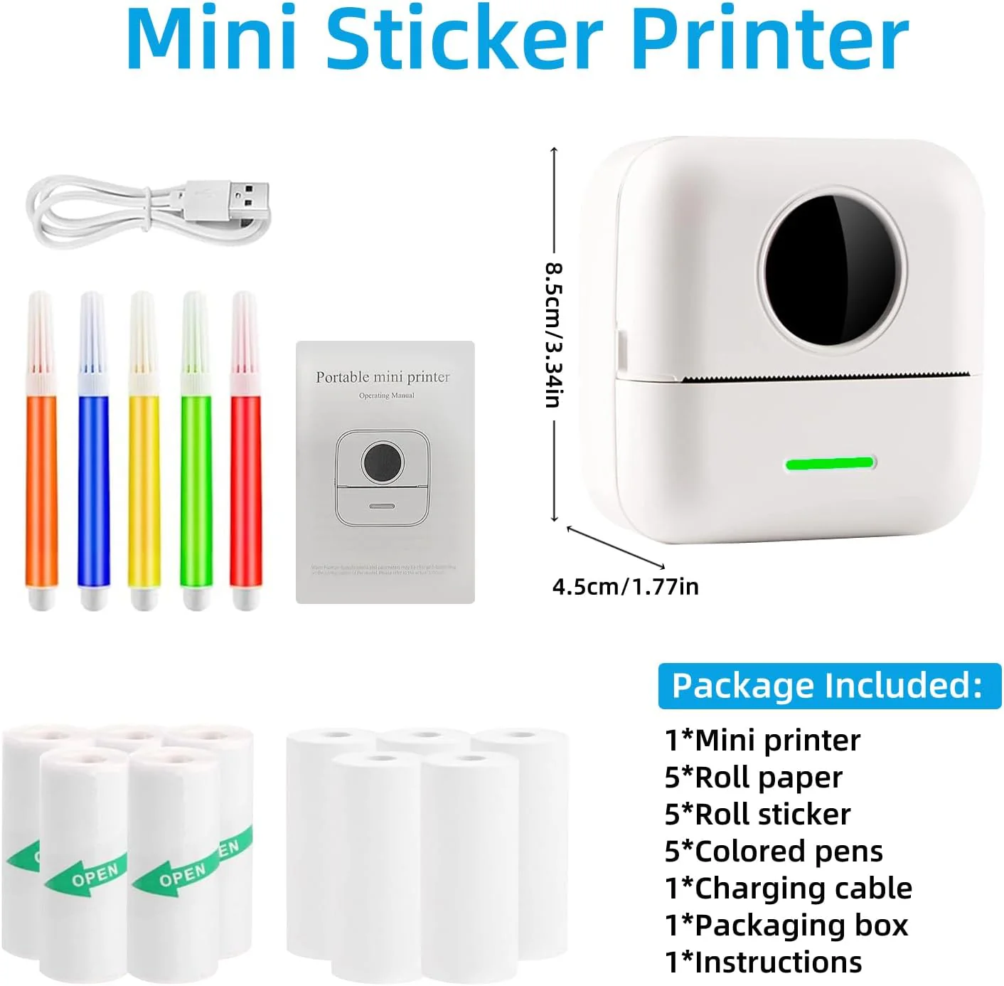 PRINHSJI Mini-Drucker, Thermo-Aufkleberdrucker mit 11 Rollen Thermopapier und Aufkleber für iOS und - Image 6