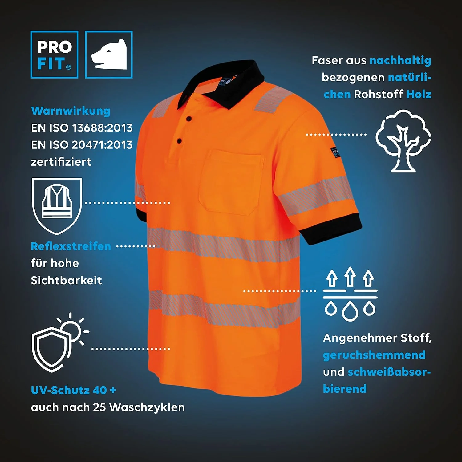 PRO FIT Warnschutz Poloshirt - EN ISO 20471 - UV-Schutz 40+ - Atmungsaktiv - Nachhaltiger Lyocellmix - Image 4