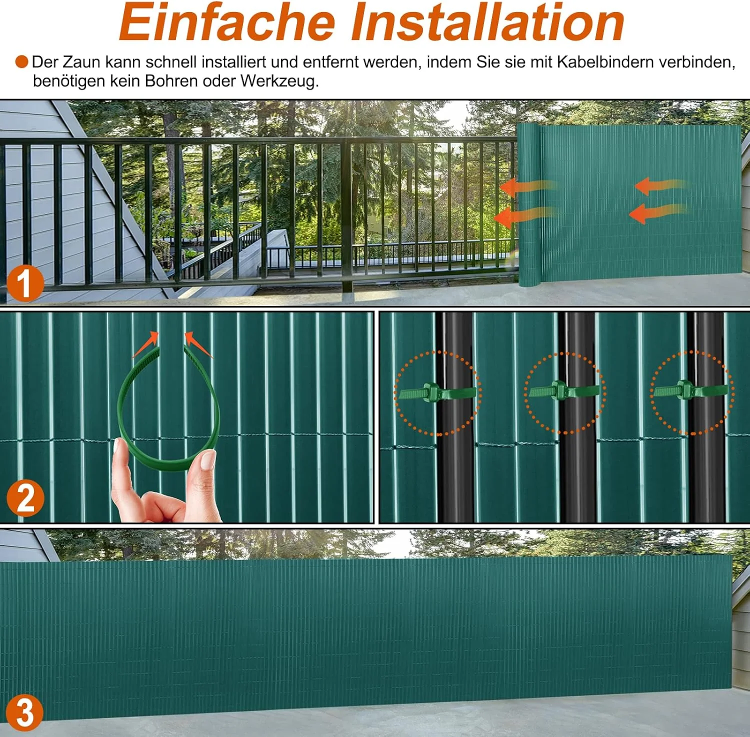 PVC Sichtschutzmatte Sichtschutzzaun 200x500CM, Grün, Outdoor Sichtschutz mit verstärkten Lamellen, - Image 3