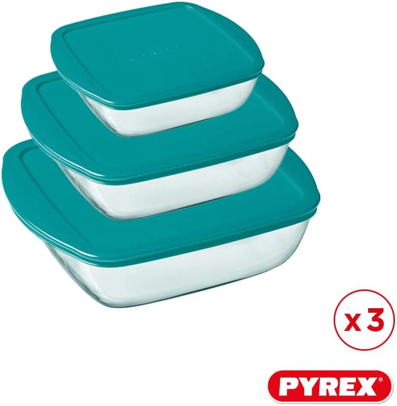 Pyrex® - Cook & Store - 3er Set eckige Vorratsschalen aus Glas mit Deckel (0,35l; 1l; 2,2l) - BPA-fr - Image 2