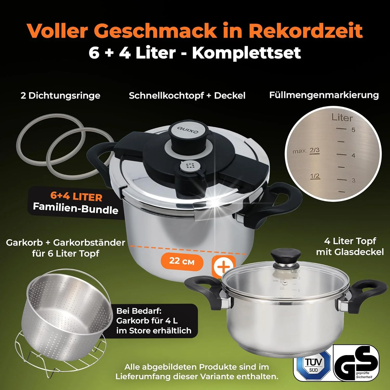 QUIXO Schnellkochtopf Set 6L + 4L VitaSmart mit Garkorb + Glasdeckel + Kochzeitsignal für alle Herda - Image 5