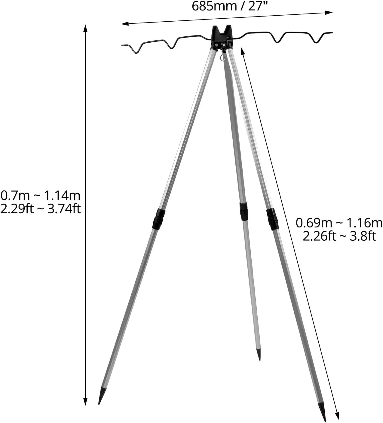QWORK® Tripod Ruten-Ständer für 4 Ruten, Angelrutenständer Verstellbar 70-105 cm - Aluminiumlegierun - Image 2