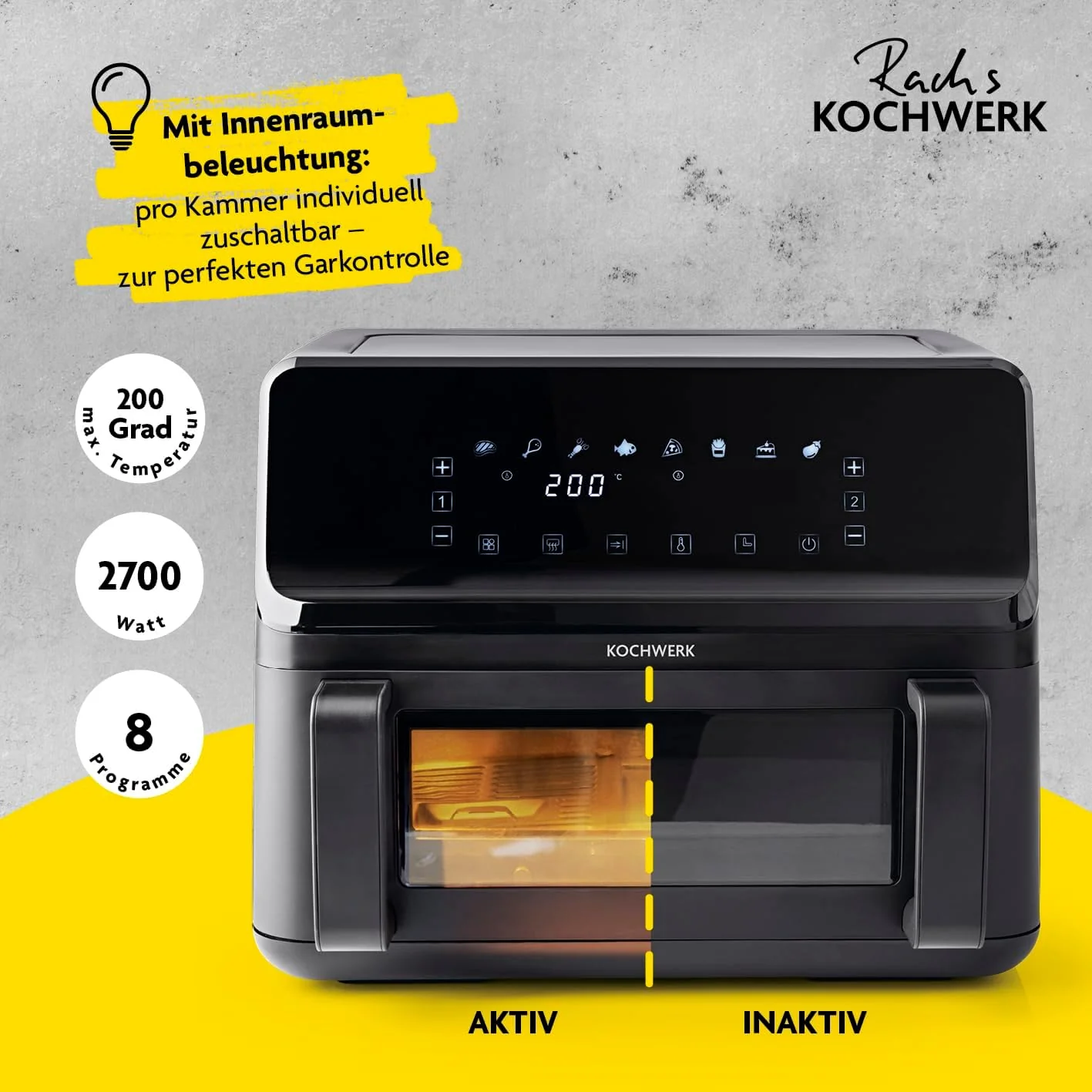 Rachs KOCHWERK Vario-Doppelkammer Heissluftfritteuse 9 L | Airfryer mit teilbarer Kammer, Touchscree - Image 2