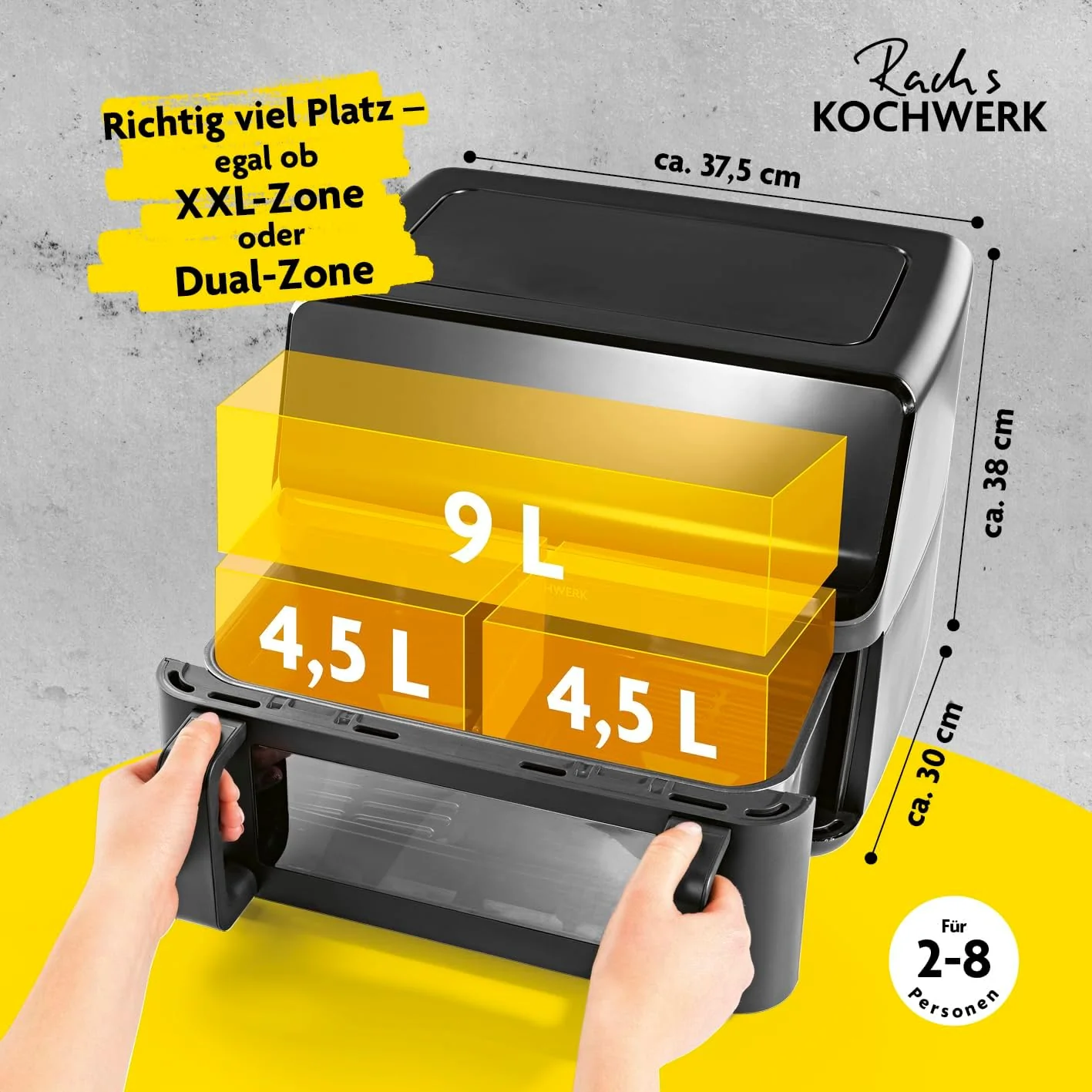 Rachs KOCHWERK Vario-Doppelkammer Heissluftfritteuse 9 L | Airfryer mit teilbarer Kammer, Touchscree - Image 4