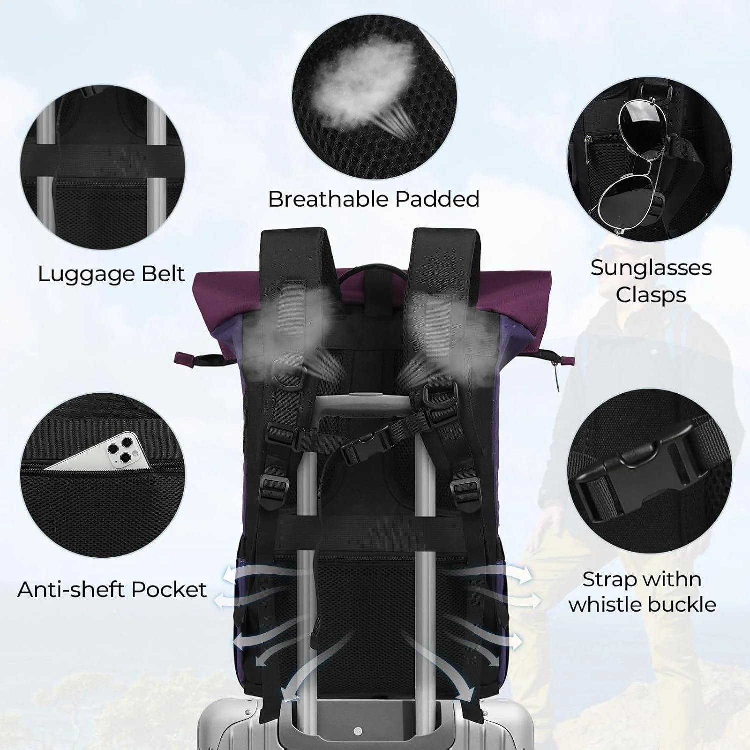 RAINSMORE Rolltop Rucksack Damen Herren, Rucksack Wasserdicht, Laptop Rucksack 17 Zoll Gross Reiseru - Image 4