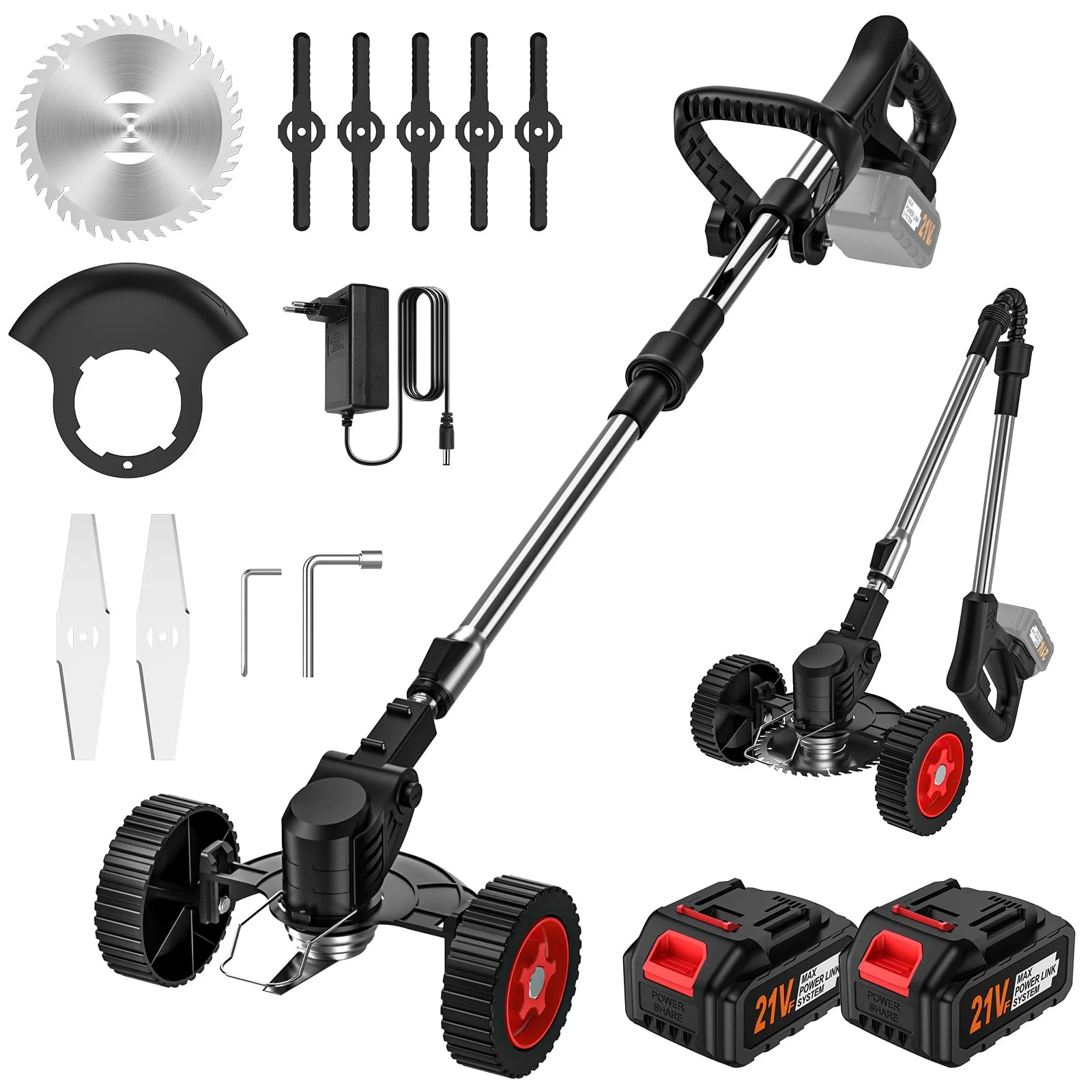 Rasentrimmer mit Akku 21V (2 Akkus inkl.), 650W Elektro Freischneider Akku, Teleskopstiel 90-135cm,