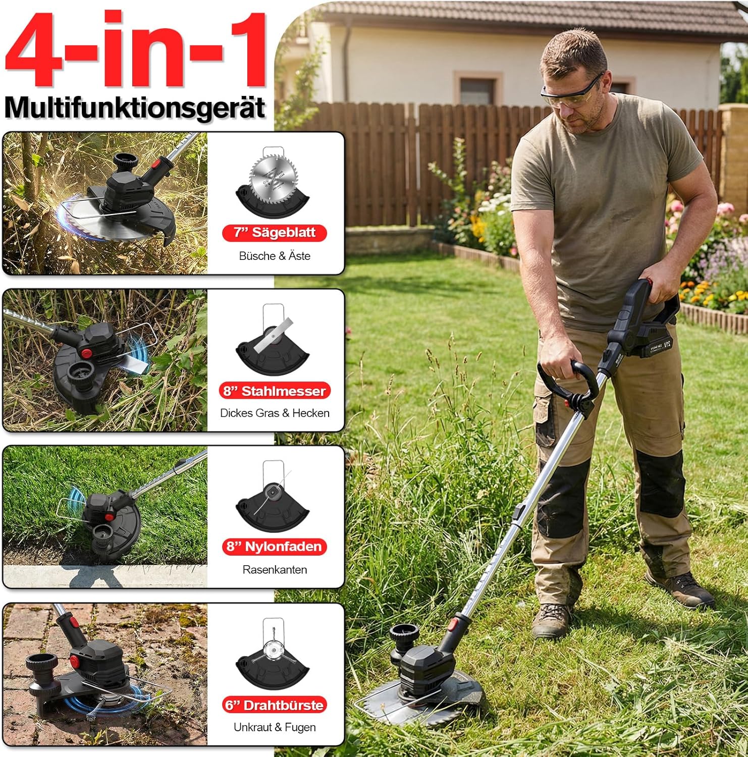 Rasentrimmer mit Akku 21V, 4-in-1 Freischneider & Motorsense 24000 RPM, Rasenkantenschneider inkl. 2 - Image 3