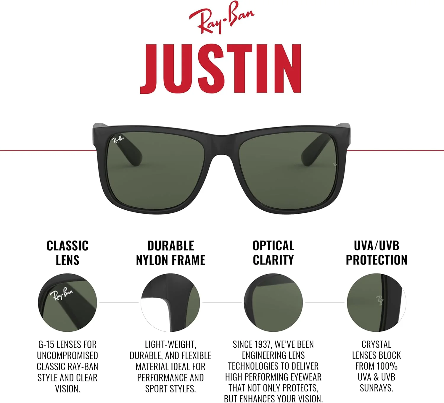 Ray-Ban unisex Justin Sonnenbrille, Rot(Rot/Blau), 51 51 Braun (Gestell: Braun (Light Havana) Glas: - Image 3