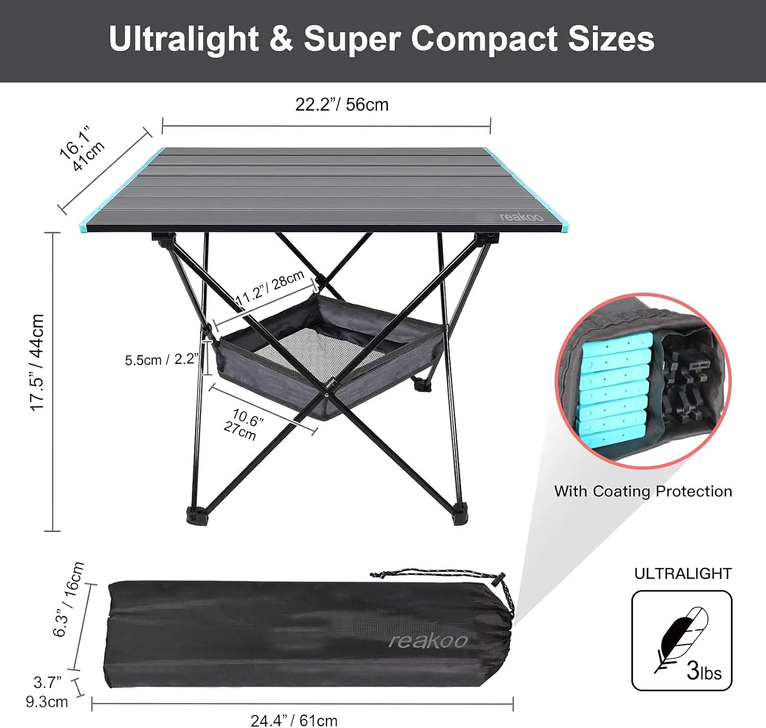 reakoo Campingtisch Klappbar mit Aluminium-Tischplatte, Ultraleicht, kompakt, Campingtisch Faltbar m - Image 2