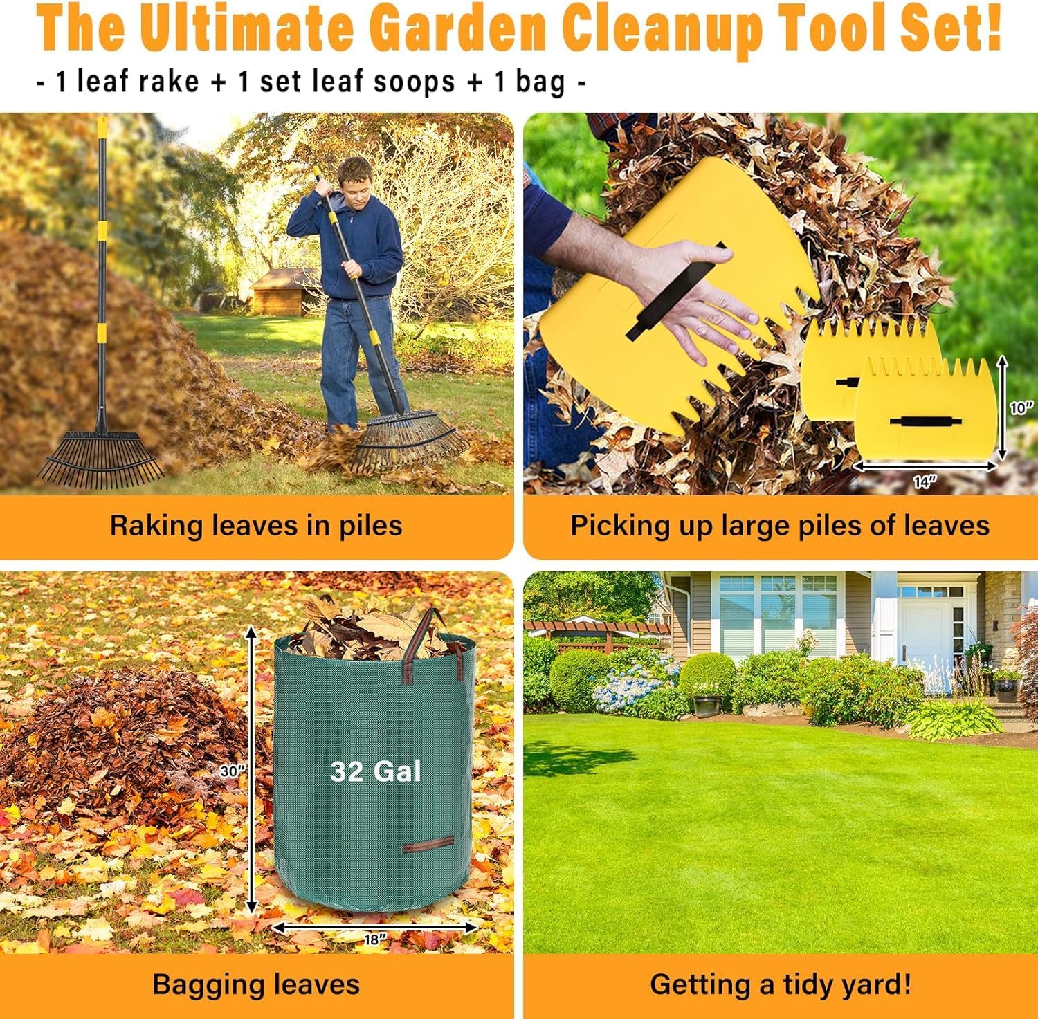 Rechen, Gartenlaubrechen Set - mit 32 Gallonen Laubsäcken und 2 Laubschaufeln, 130cm Laubrechen mit - Image 2