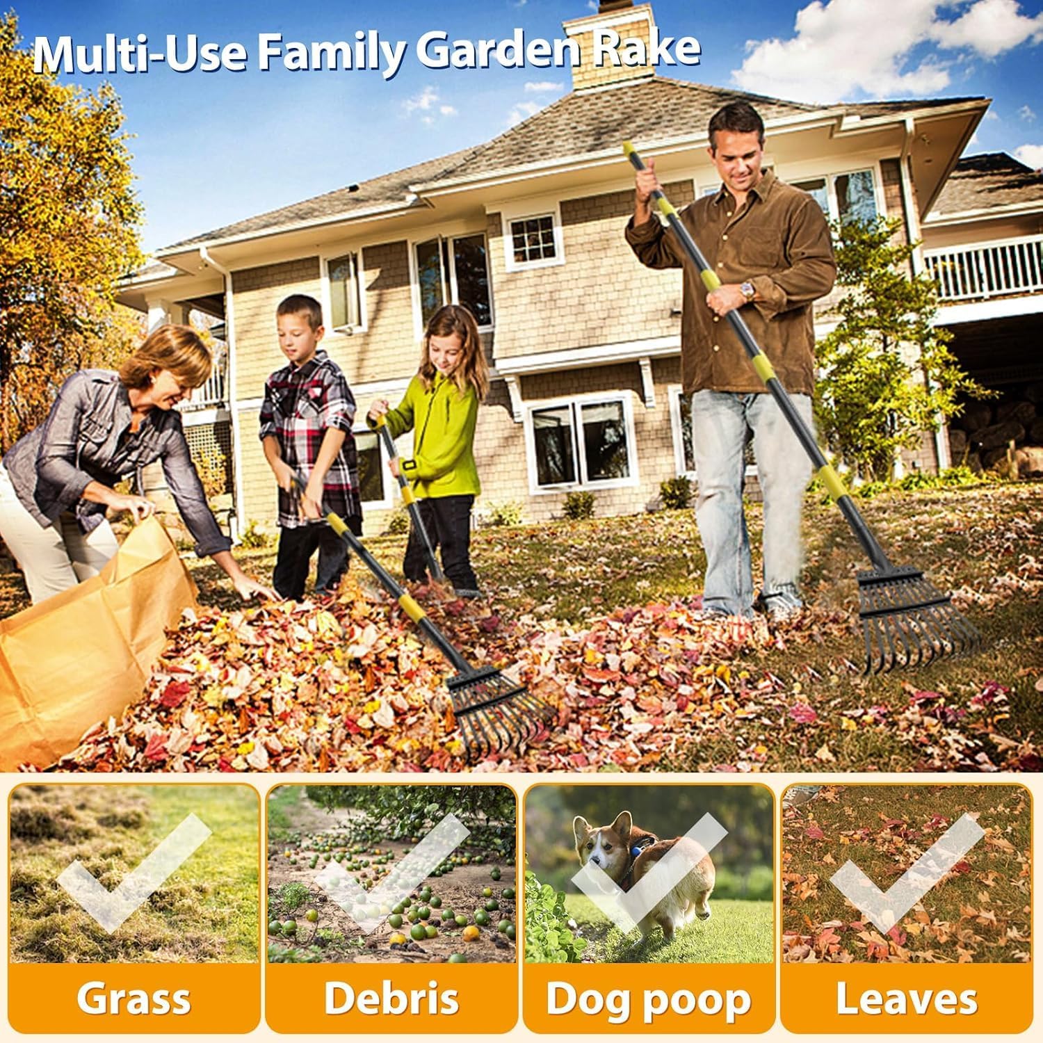 Rechen, Gartenlaubrechen Set - mit 32 Gallonen Laubsäcken und 2 Laubschaufeln, 202cm Laubrechen mit - Image 8