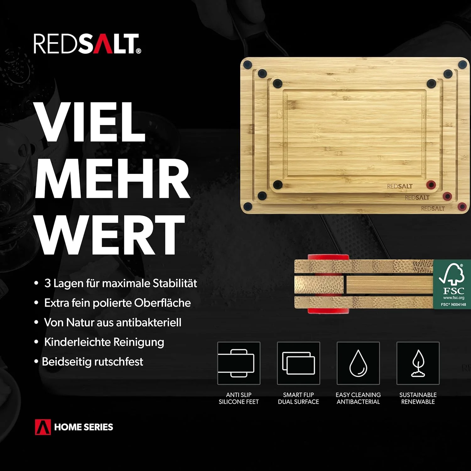 REDSALT® innovatives Bio Bambus Holz Schneidebrett 3er Set rutschfest | 38x26 32x22 26x18cm Holzbret - Image 4