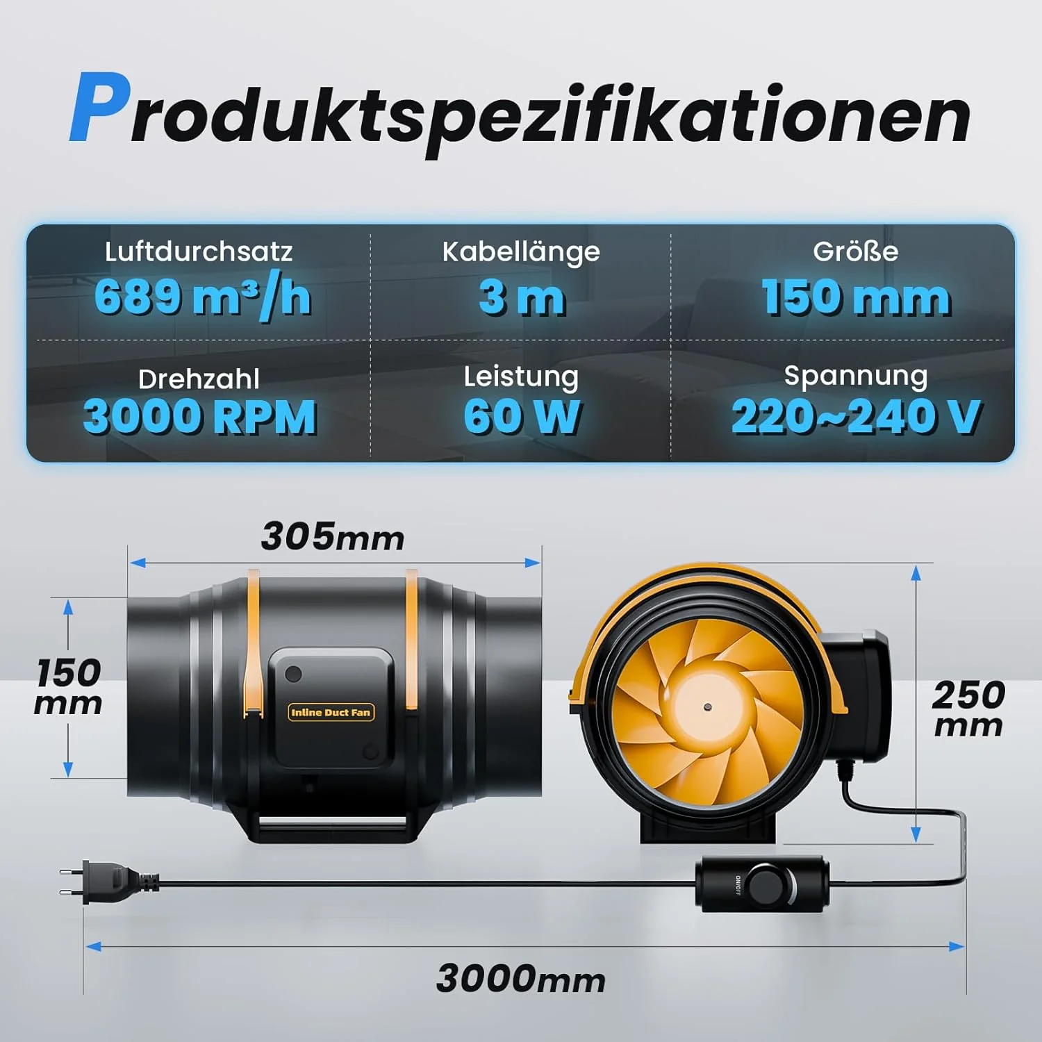 Regelbarer Rohrventilator 150 mm mit Drehzahlregler, Leiser Inline Abluftventilator für Rauchabzug & - Image 8