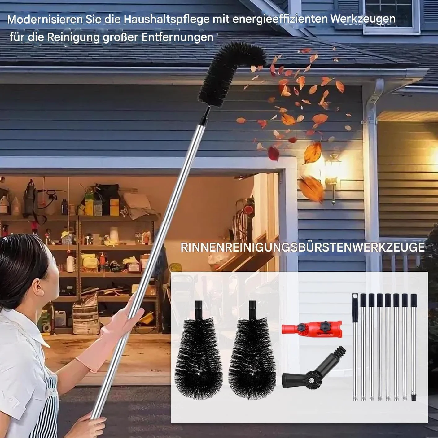 Regenrinne Reinigungs-Werkzeug | Bürste zum Reinigen von Regenrinnen mit Verstellbarer Teleskopstang - Image 2