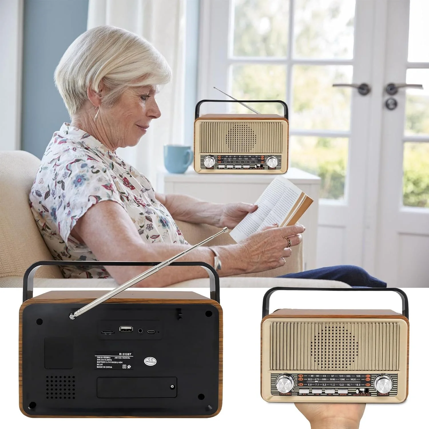 Retro Radio mit Bluetooth, Nostalgie Kofferradio Klein mit AM/FM/SW3, USB/TF/AUX, Wiederaufladbar, K - Image 6