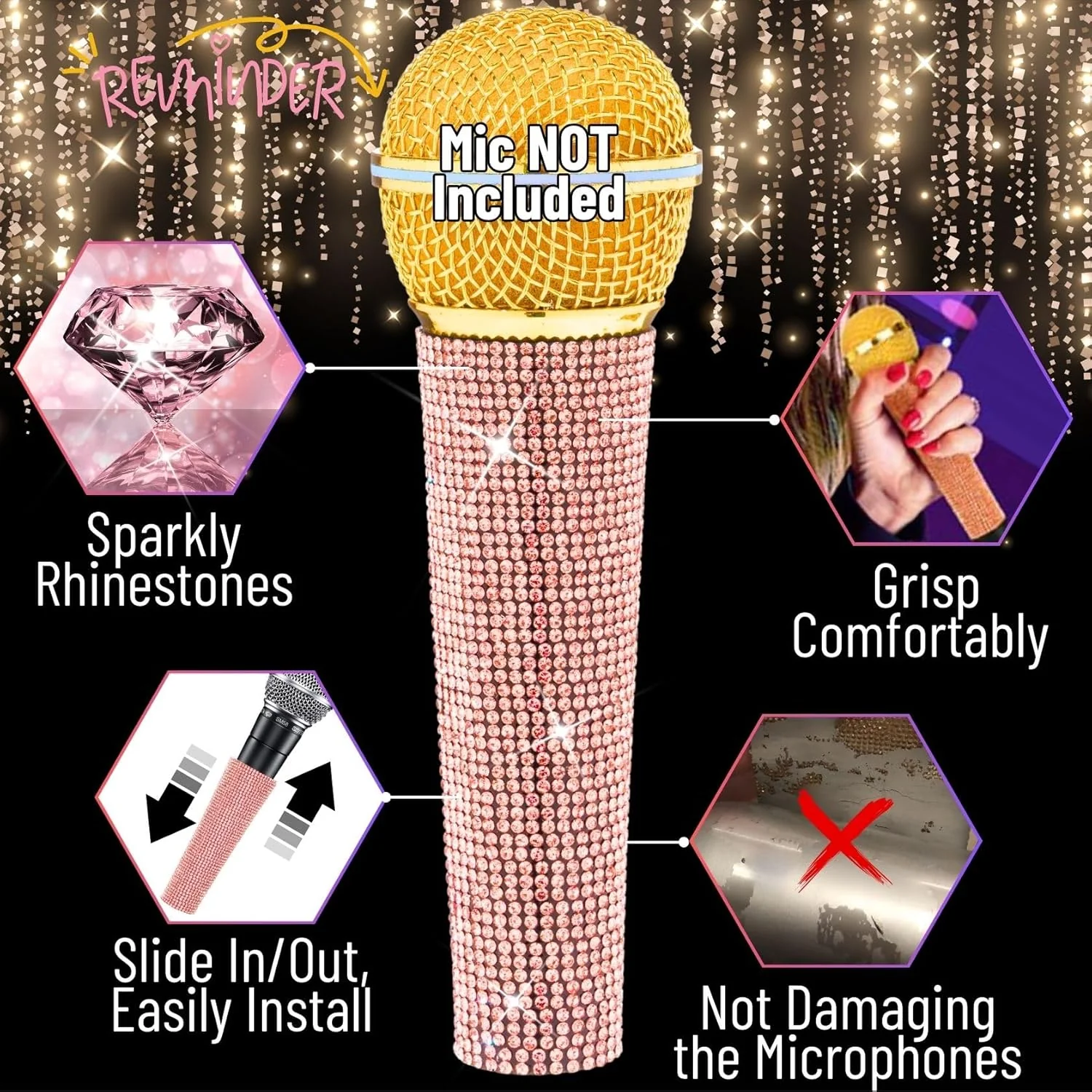 RhymKawa B58 Sparkle Rose Gold Strass Mic Sleeve Replacement for Wired Vocal Microphone Decorative S - Image 3