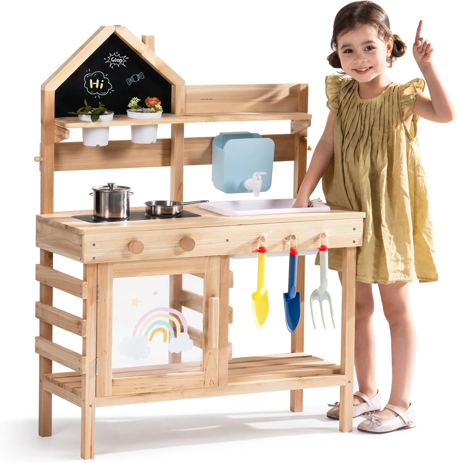 ROBOTIME Kinder Matschküche aus Holz mit Spüle, Tafel, Herd, Wasserhahn, Kochgeschirr & Stauraum – O - Image 8