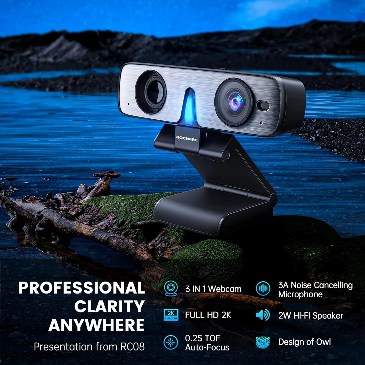 ROCWARE RC08 Webcam, 2K HD Webcam mit Mikrofon und Lautsprecher, [5xschneller TOF Autofokus] USB-Web - Image 7