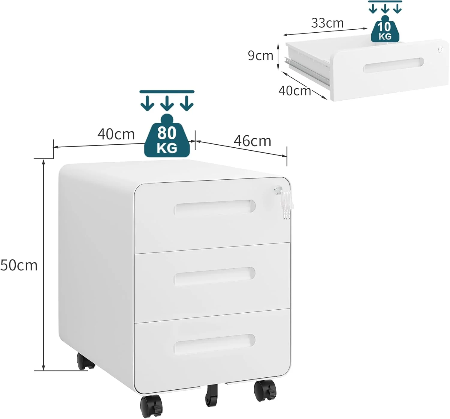 Rollcontainer mit 3 Schubladen, Aktenschrank, Abgerundetes Eckendesign, Abschliessbar, 4 Schlüsseln, - Image 3
