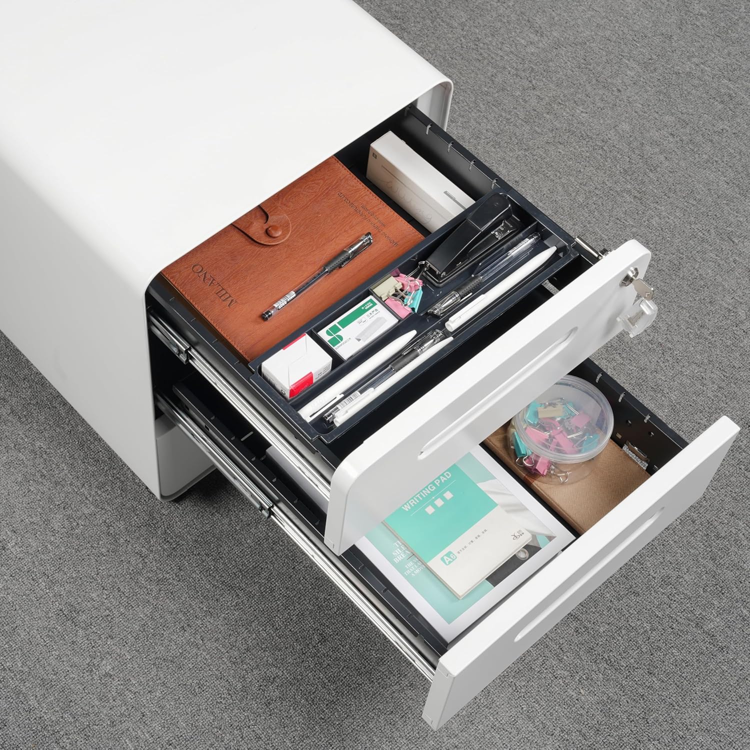 Rollcontainer mit 3 Schubladen, Aktenschrank, Abgerundetes Eckendesign, Abschliessbar, 4 Schlüsseln, - Image 5