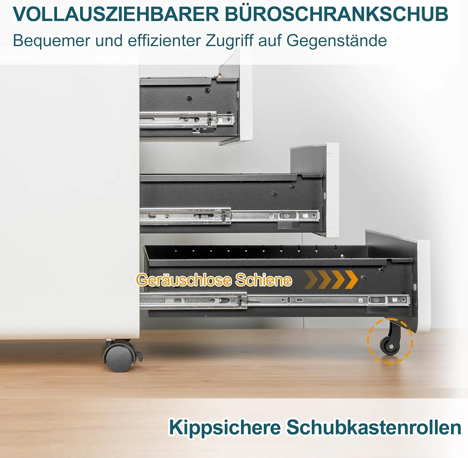 Rollcontainer mit 3 Schubladen, Aktenschrank, Abgerundetes Eckendesign, Abschliessbar, 4 Schlüsseln, - Image 6