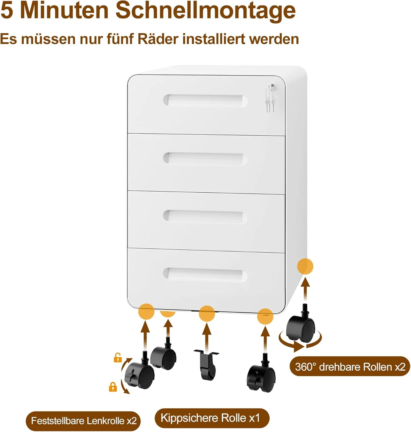 Rollcontainer, Mobiler Aktenschrank mit Schloss, Abgerundeten Ecken, 4 Schlüssel, 4 Schubladen, Büro - Image 7