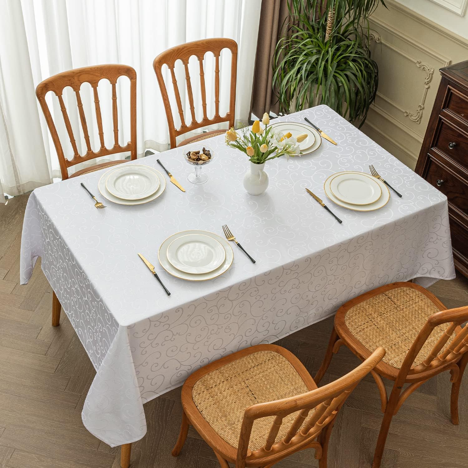 Romanstile Grosse Weisse Tischdecke 300x150 cm Elegante abwaschbare rechteckige Wasserabweisende Dam - Image 6