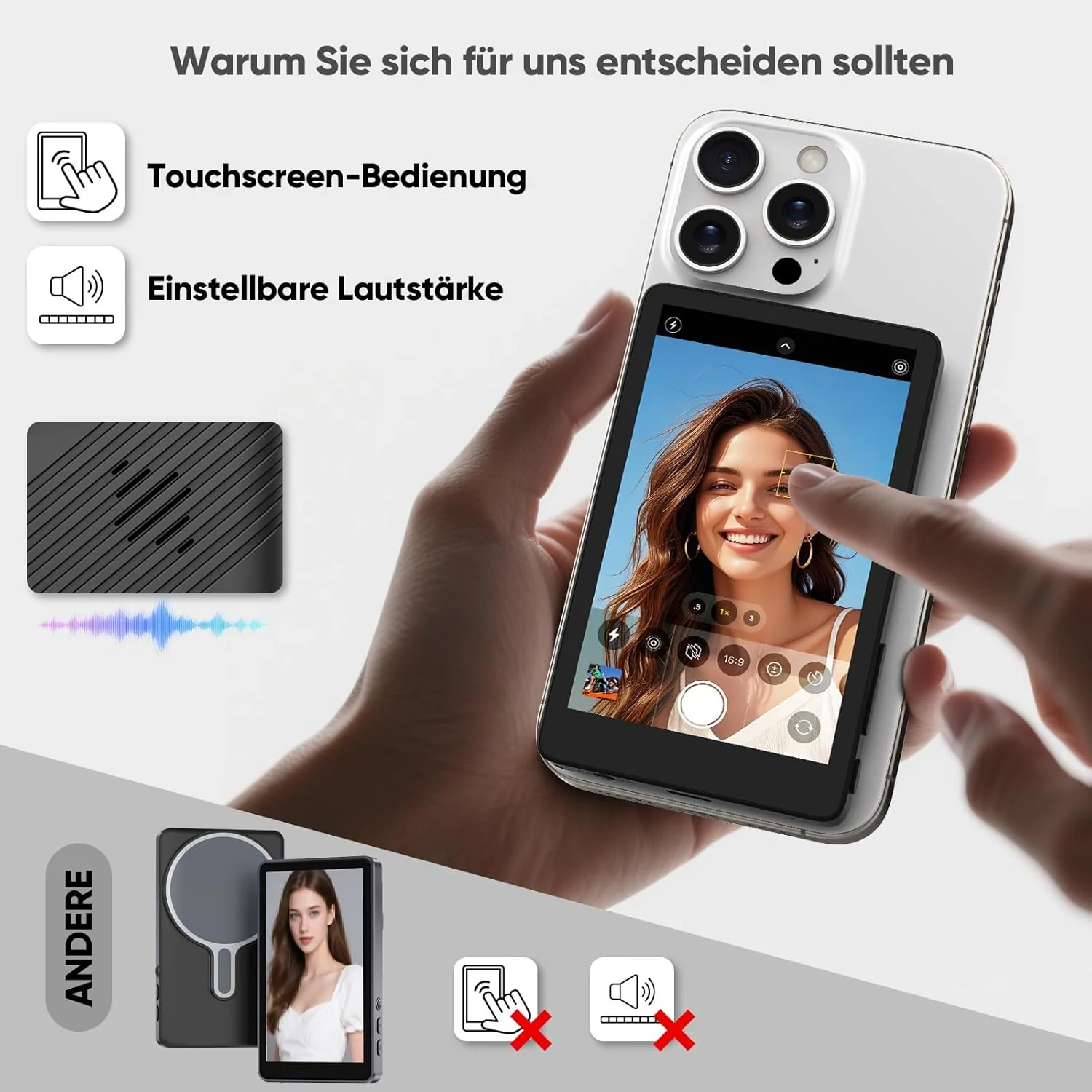 ROTTOGOON Handy Selfie Monitor, Magnetisches Selfie Touchscreen Monitor, Geeignet für Selfies, Vlog- - Image 3