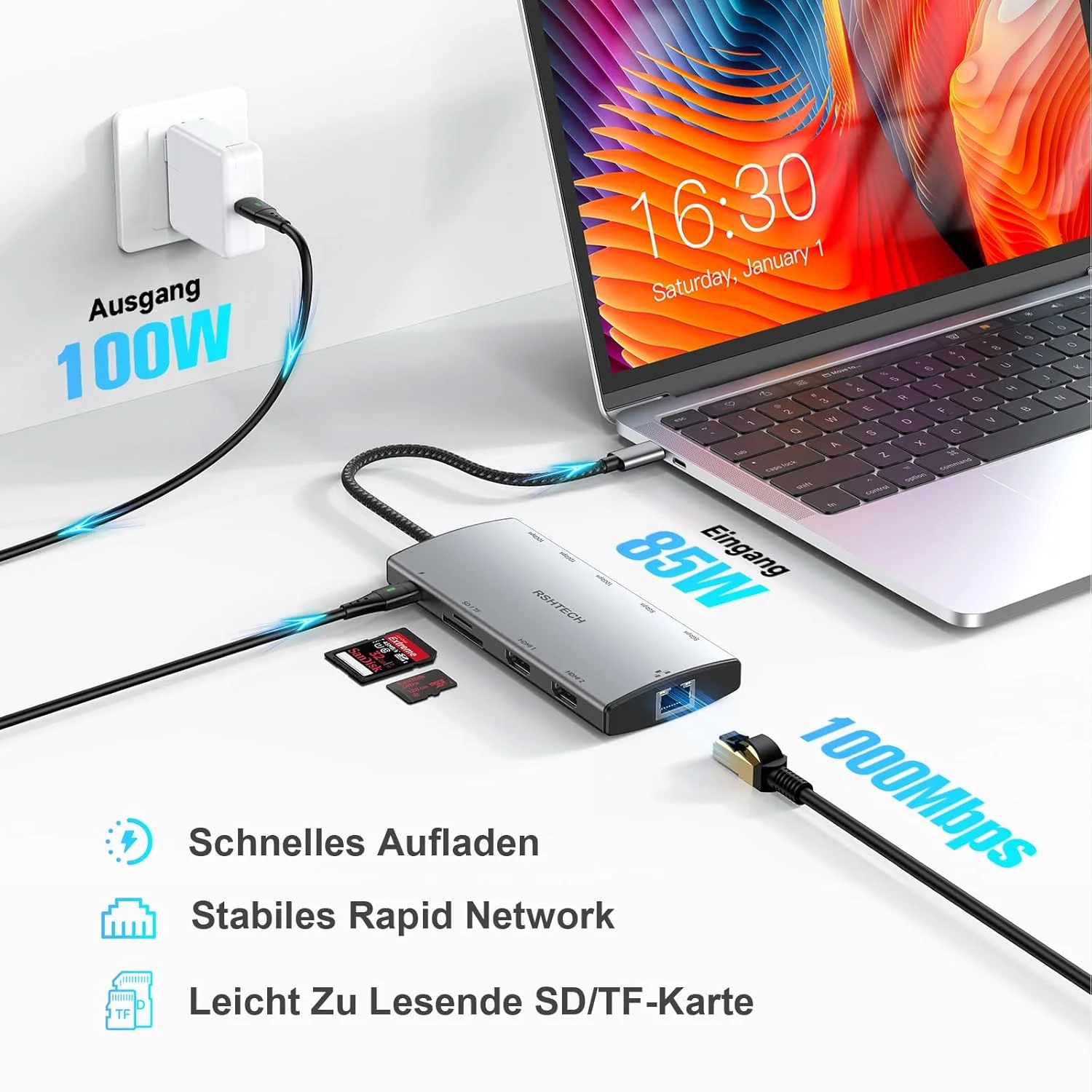 RSHTECH 11 in 1 MacBook Laptop Dockingstation mit 2 HDMI (8K und 4K), USB 3.2 und 3.0, 100W PD, SD/T - Image 6
