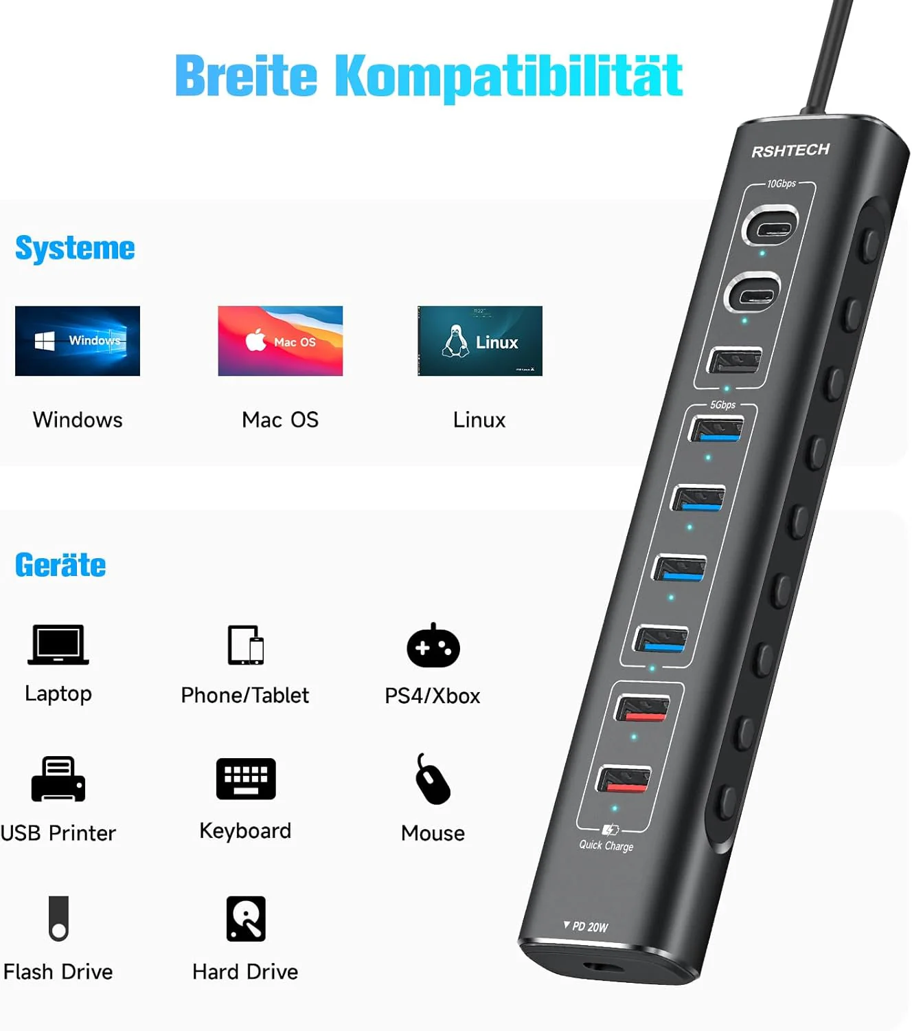 RSHTECH Aluminum 10-Port USB C 3.0/3.2 Hub Aktiv mit Netzteil, 3 * 10Gbps USB 3.2 (2*Typ-C, 1*Typ-A) - Image 7