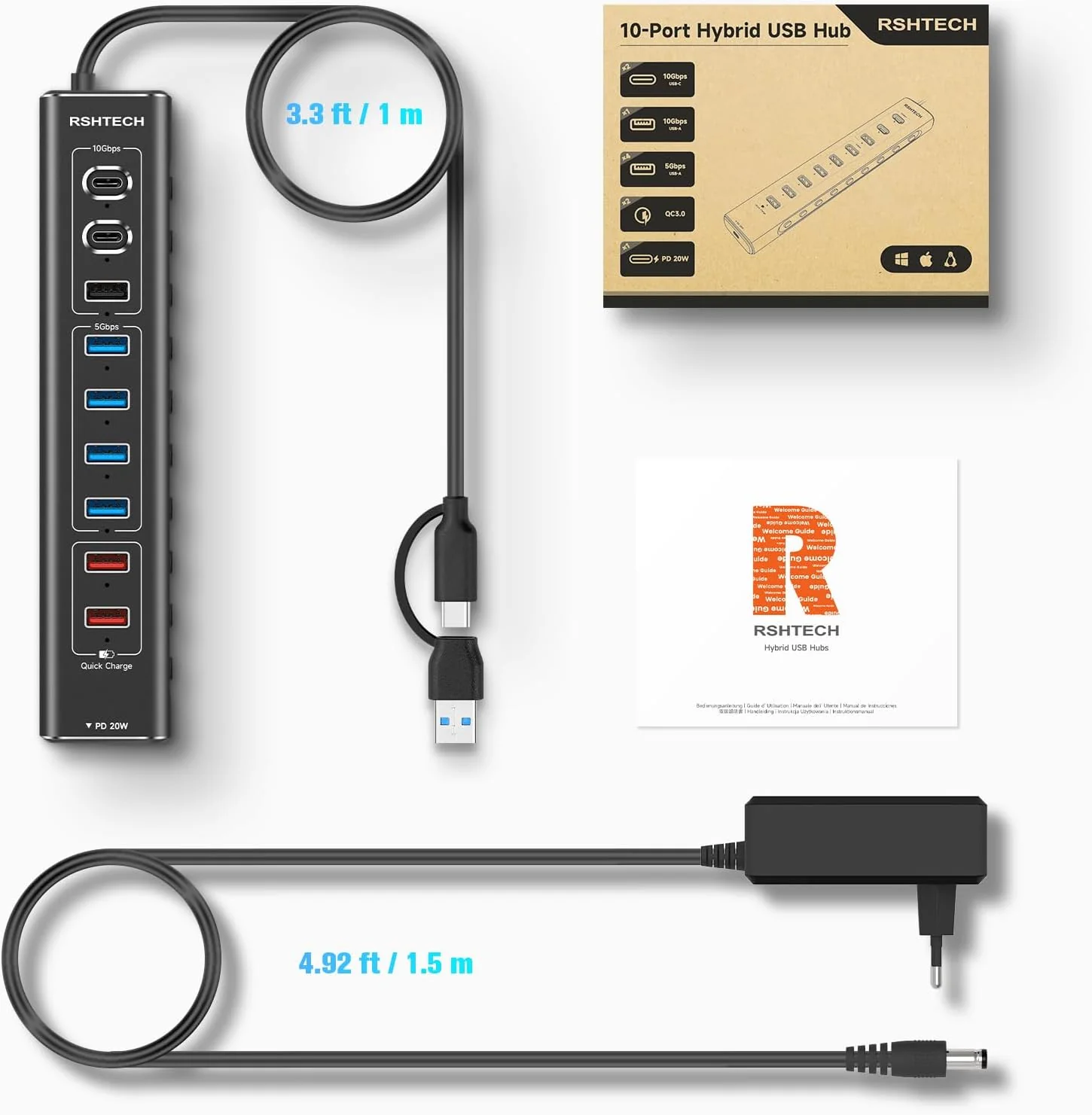 RSHTECH Aluminum 10-Port USB C 3.0/3.2 Hub Aktiv mit Netzteil, 3 * 10Gbps USB 3.2 (2*Typ-C, 1*Typ-A) - Image 8