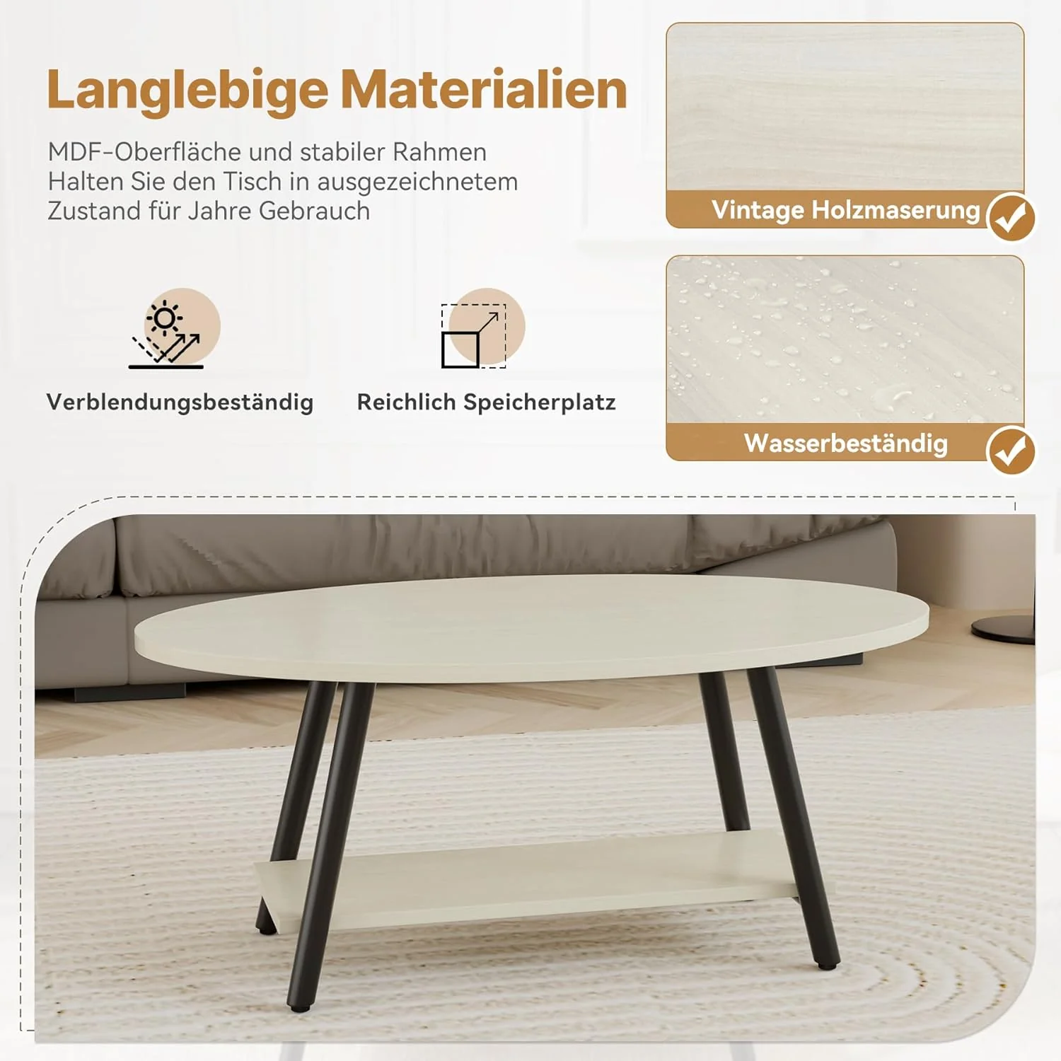 Runde Beistelltisch 2-Tier Couchtisch Tisch mit Stauraum Moderner Massivholztisch Metallrahmen für W - Image 5